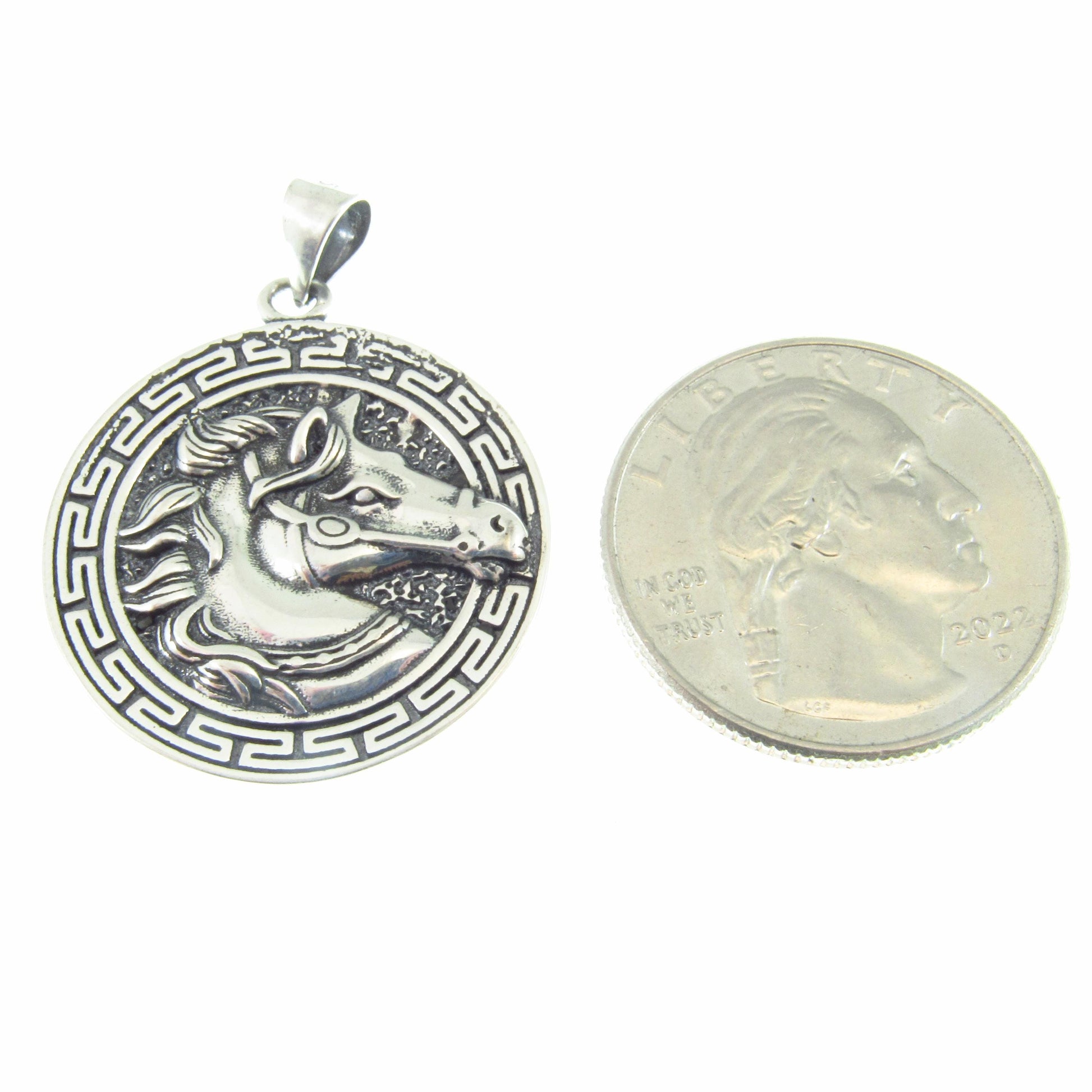 Solid 925 Sterling Silver Horse Medallion Pendant | Greek Key Puzzle, Equestrian “Coin” Necklace Amulet, Stallion Head Charm, Animal Jewelry