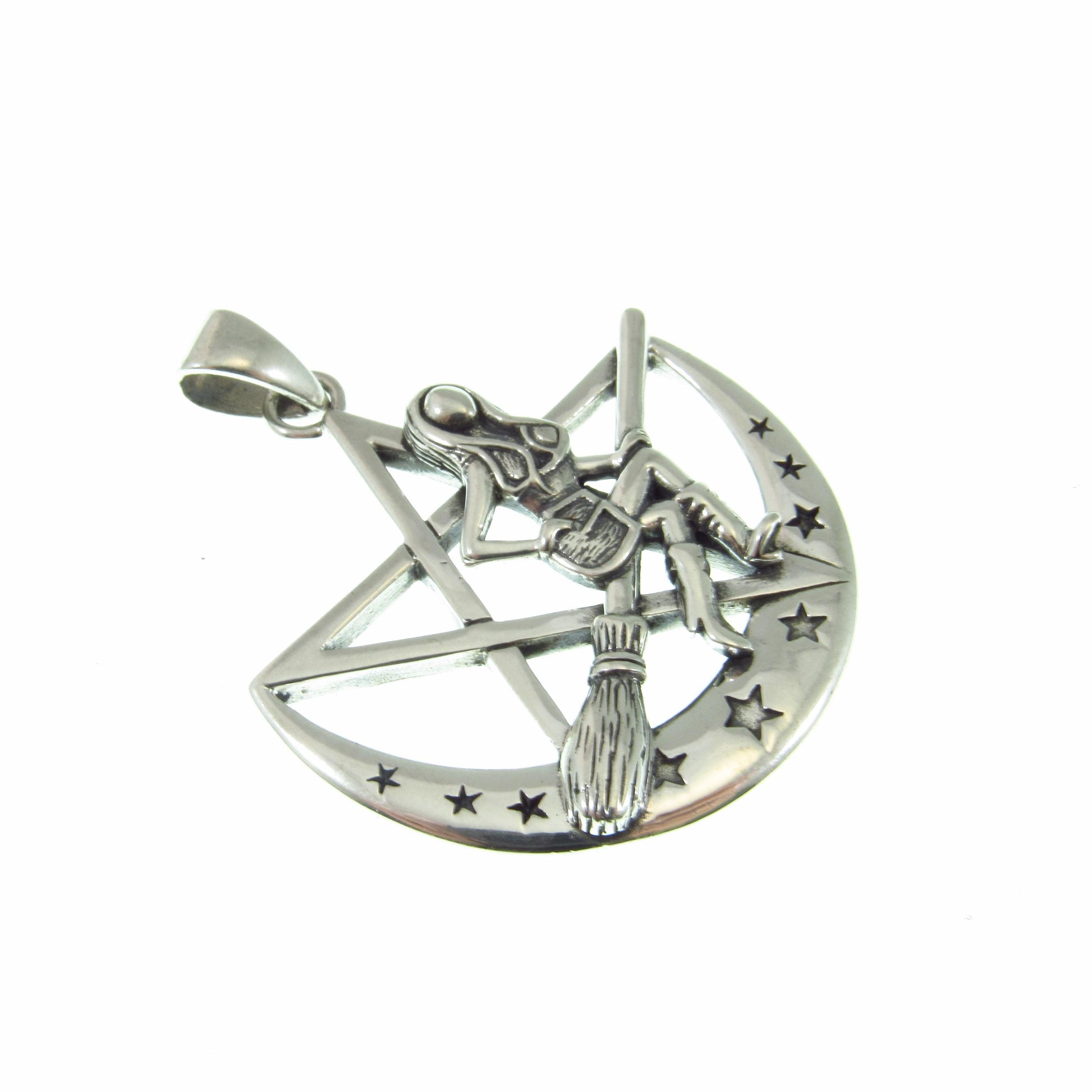 Solid 925 Sterling Silver Salem Witch on Crescent Moon Pentagram Pendant, Pagan Amulet