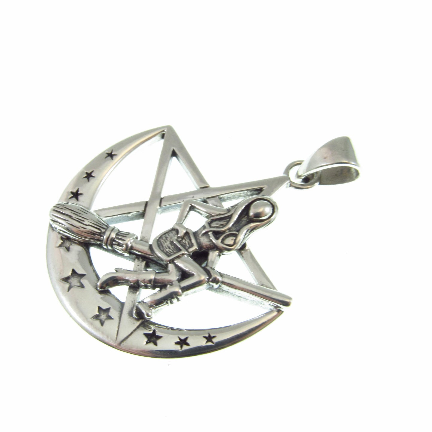 Solid 925 Sterling Silver Salem Witch on Crescent Moon Pentagram Pendant, Pagan Amulet