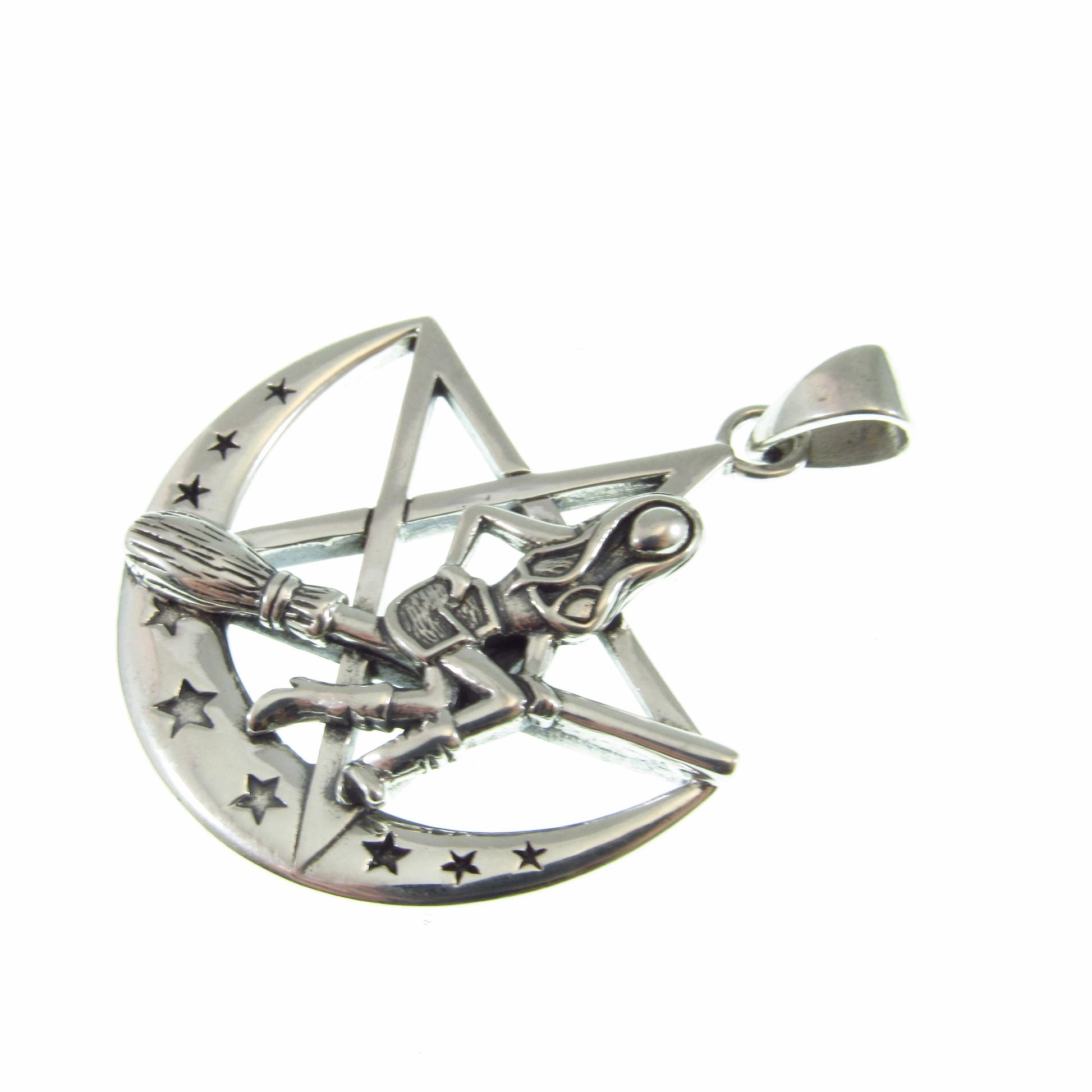 Solid 925 Sterling Silver Salem Witch on Crescent Moon Pentagram Pendant, Pagan Amulet