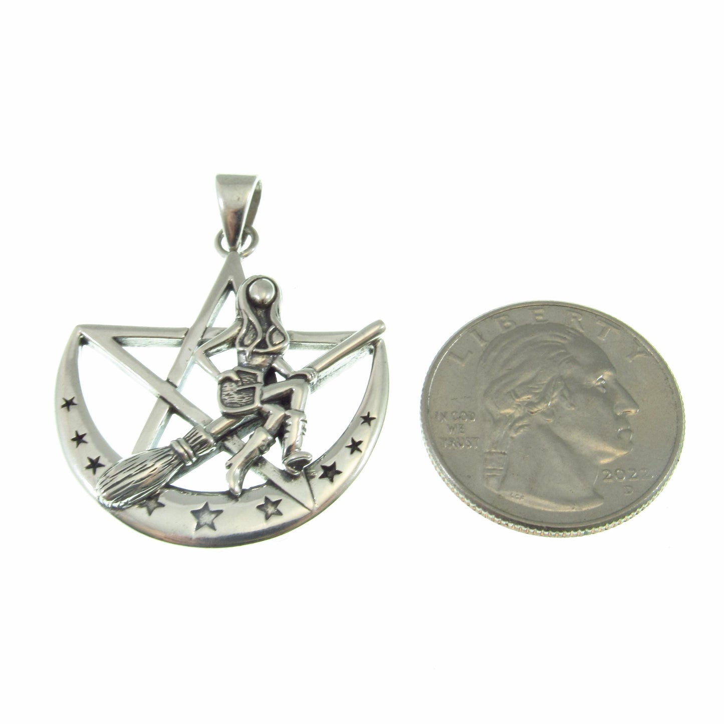 Solid 925 Sterling Silver Salem Witch on Crescent Moon Pentagram Pendant, Pagan Amulet