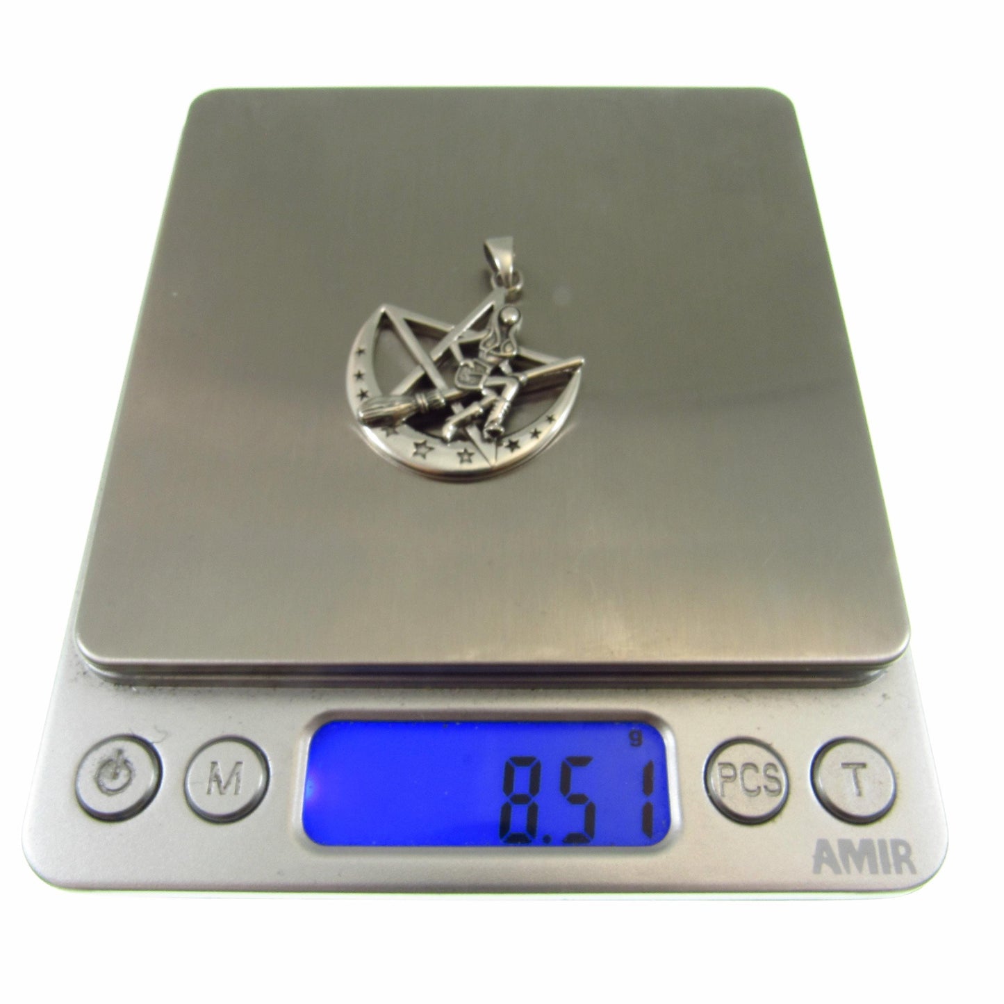 Solid 925 Sterling Silver Salem Witch on Crescent Moon Pentagram Pendant, Pagan Amulet