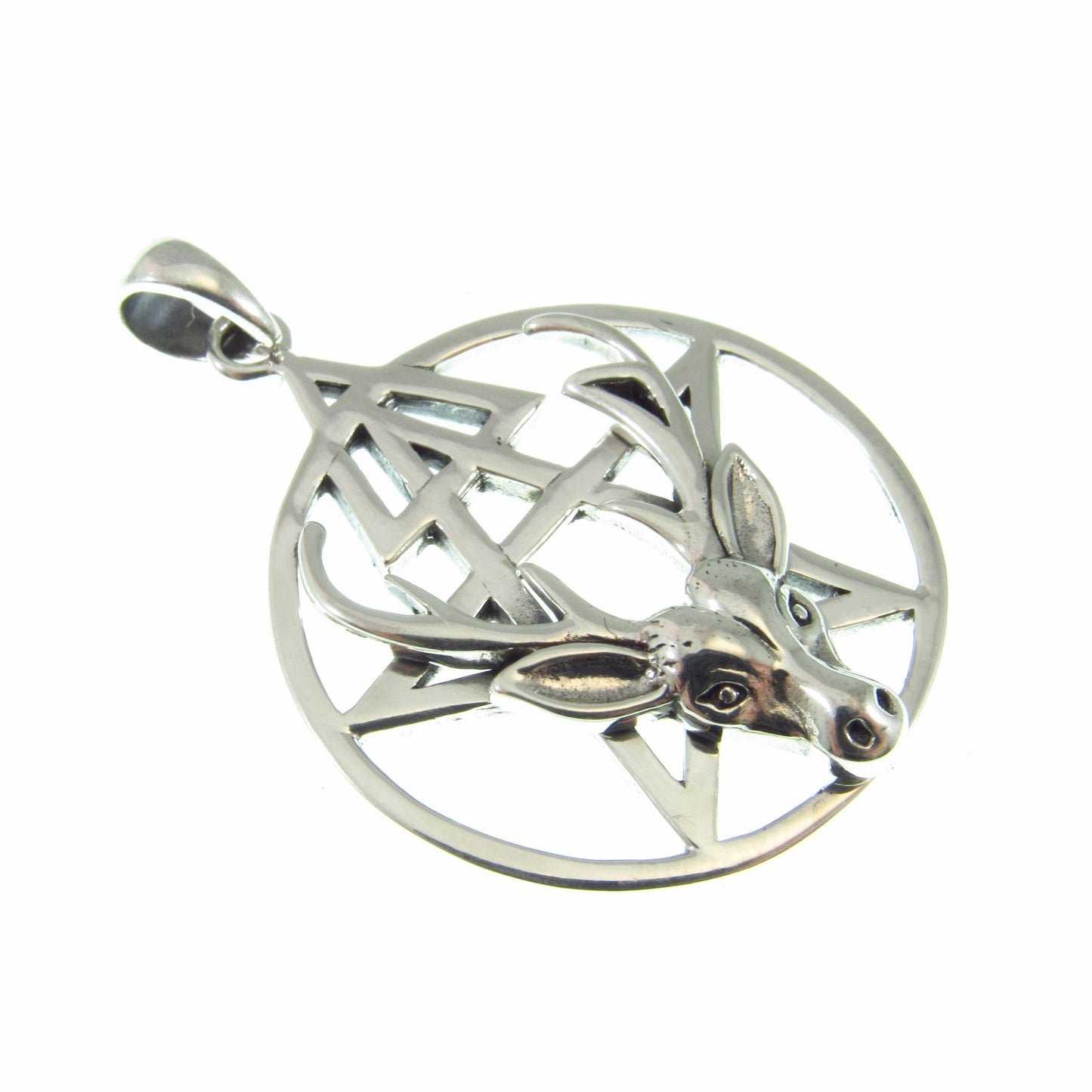 Third Degree Deer Head Pentacle Pendant / Solid 925 Sterling Silver, Stag Antler Pagan Necklace Amulet, Wiccan Baphomet Horned God Talisman