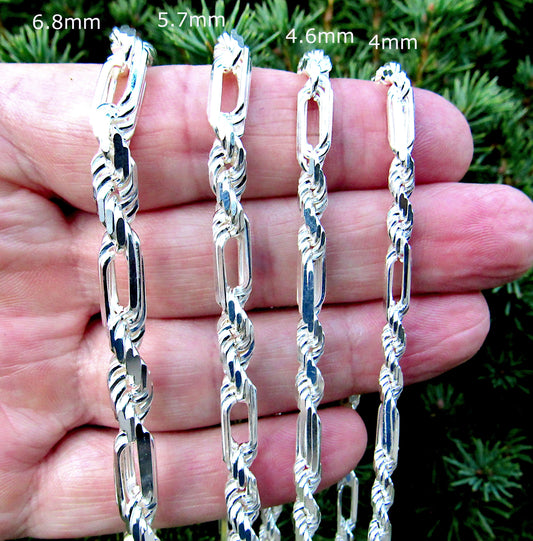 Solid 925 Sterling Silver Italian Figarope Chain Necklace, Milano Link Bracelet, Men's Figaro Link & Diamond Cut Rope Chain, Made in Italy