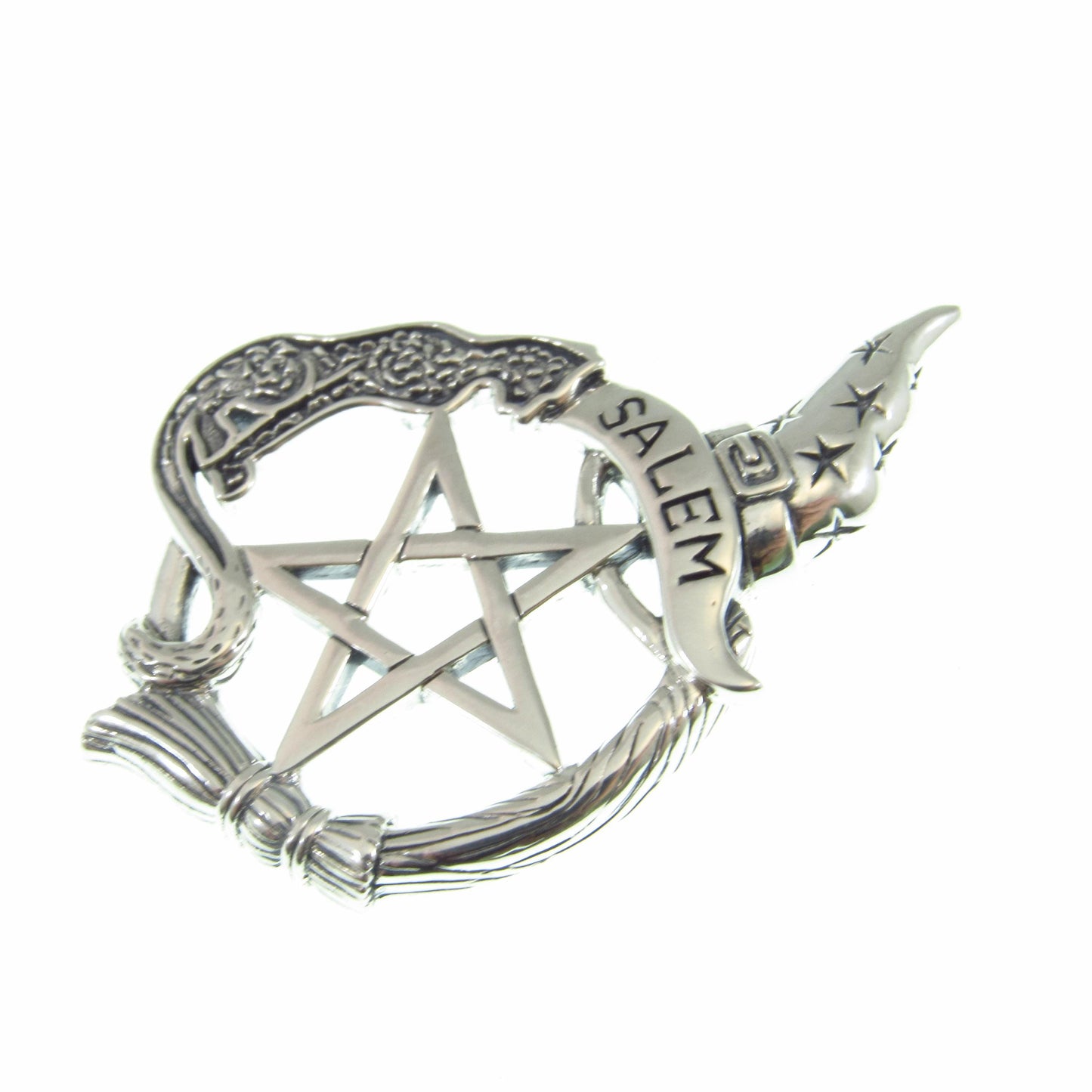 Salem Witch Pentacle Pendant / Solid 925 Sterling Silver / Witch Hat, Cat Familiar & Broom, Wiccan Pentagram Necklace Amulet, Witchcore Gift