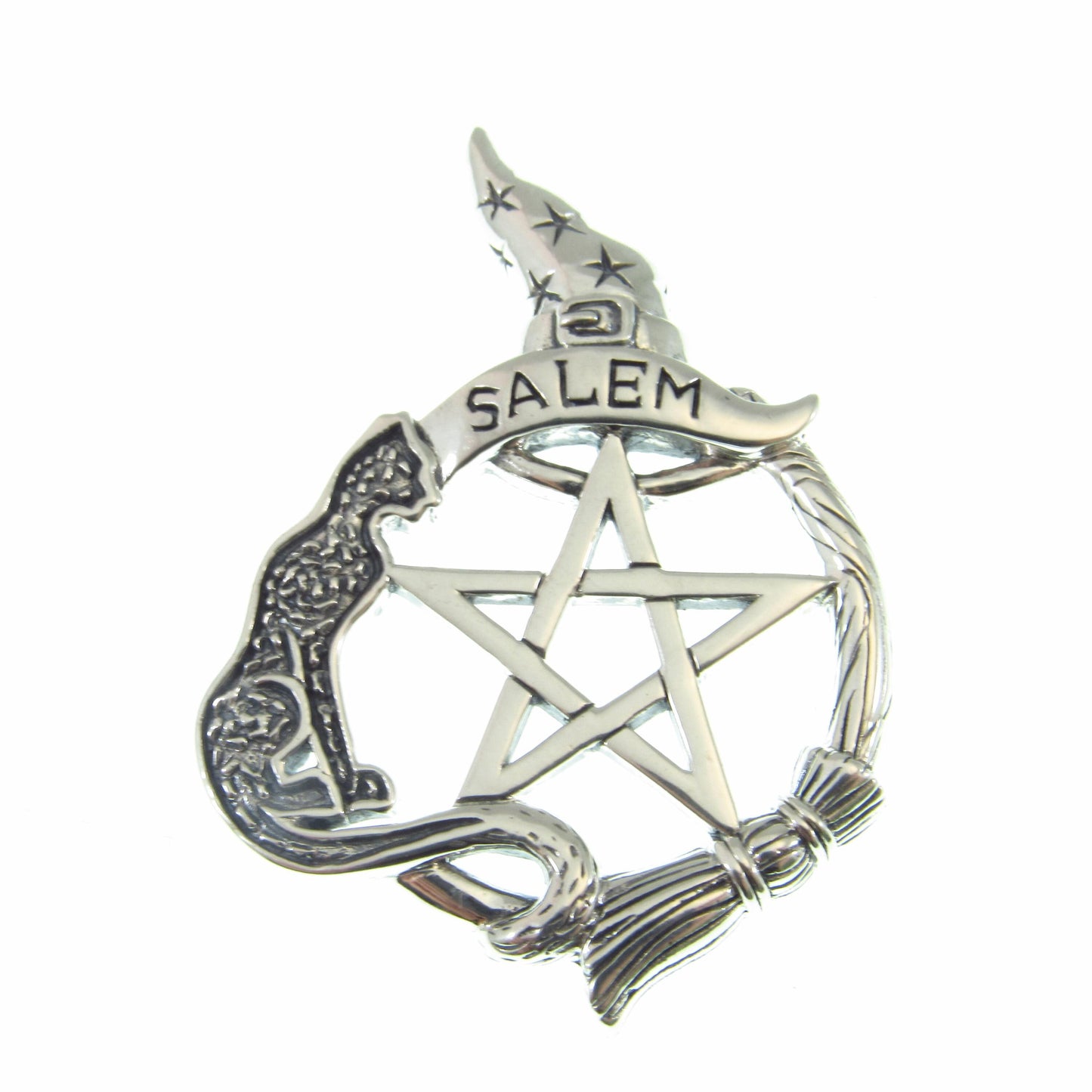 Salem Witch Pentacle Pendant / Solid 925 Sterling Silver / Witch Hat, Cat Familiar & Broom, Wiccan Pentagram Necklace Amulet, Witchcore Gift