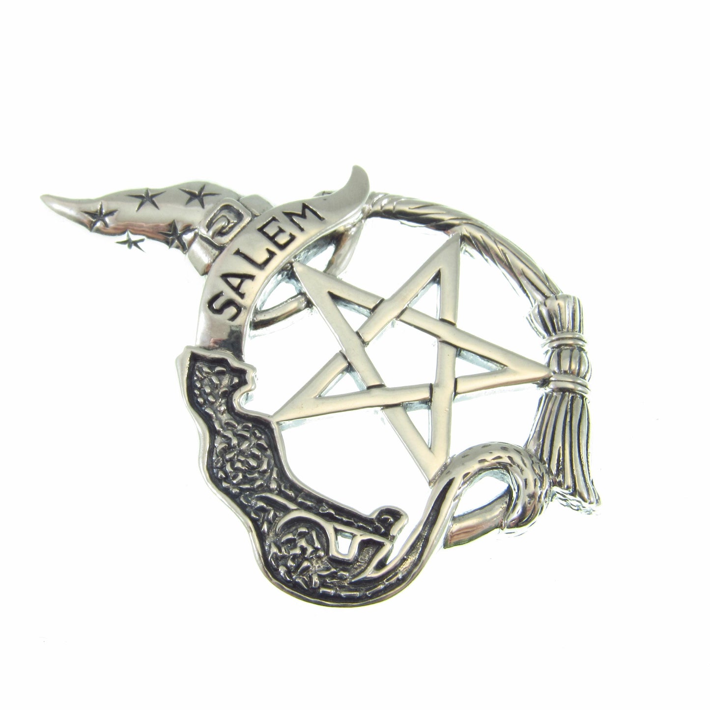 Salem Witch Pentacle Pendant / Solid 925 Sterling Silver / Witch Hat, Cat Familiar & Broom, Wiccan Pentagram Necklace Amulet, Witchcore Gift