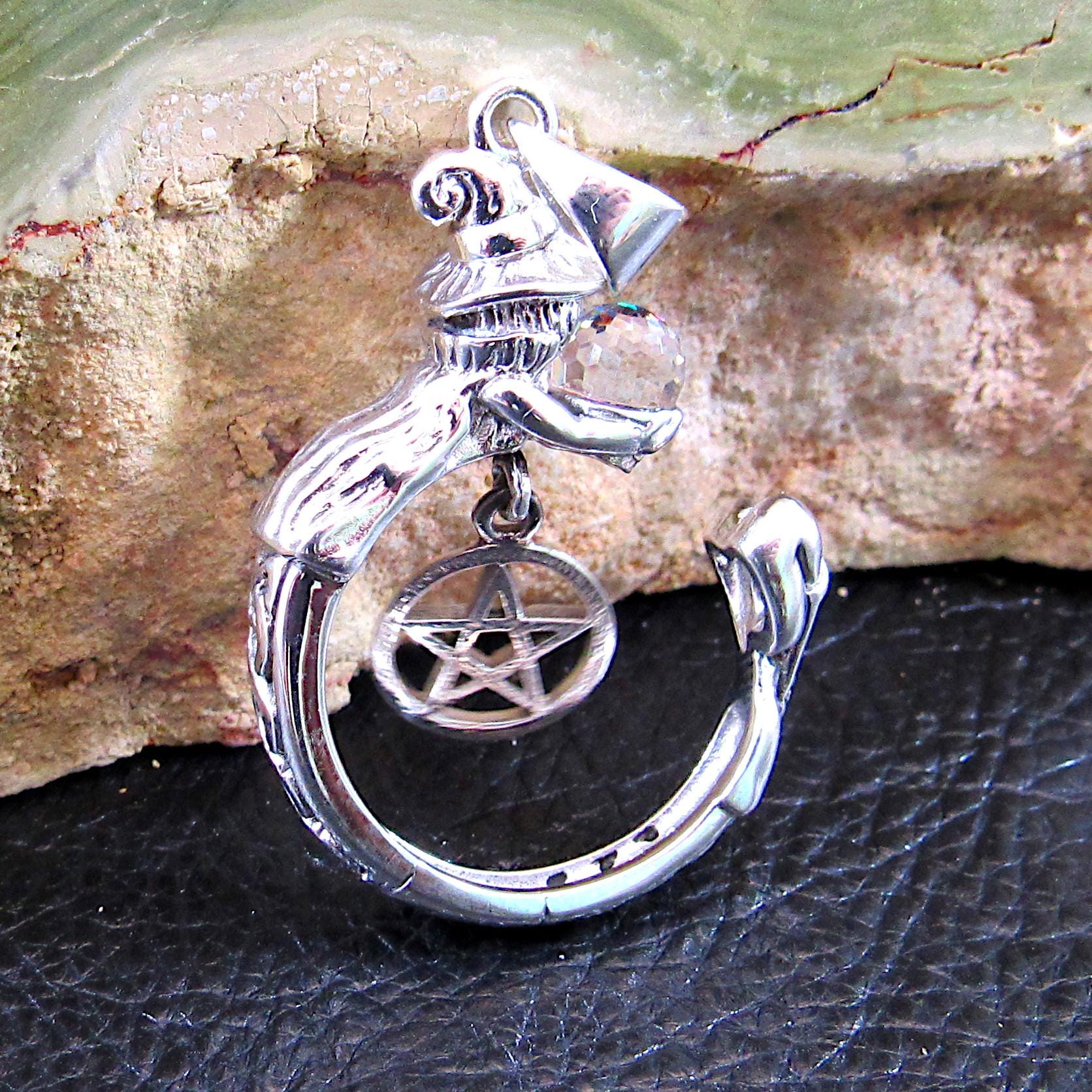 Crystal Ball Witch Pendant / Solid 925 Sterling Silver / Pentacle Pendant, Gothic Wiccan Pagan Jewelry, Occult Symbolism Witchcraft Talisman