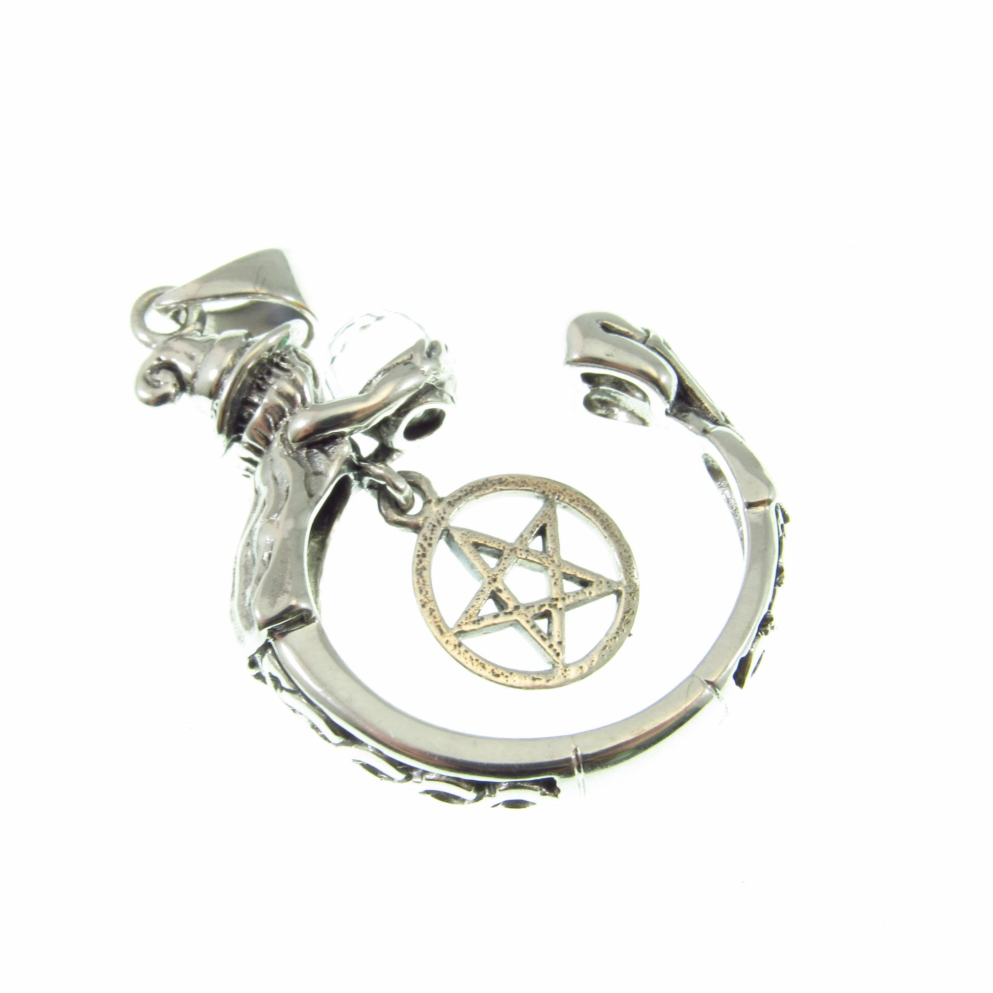 Solid 925 Sterling Silver Crystal Ball Witch Pendant, Pentacle Gothic Wiccan Pagan Occult Talisman