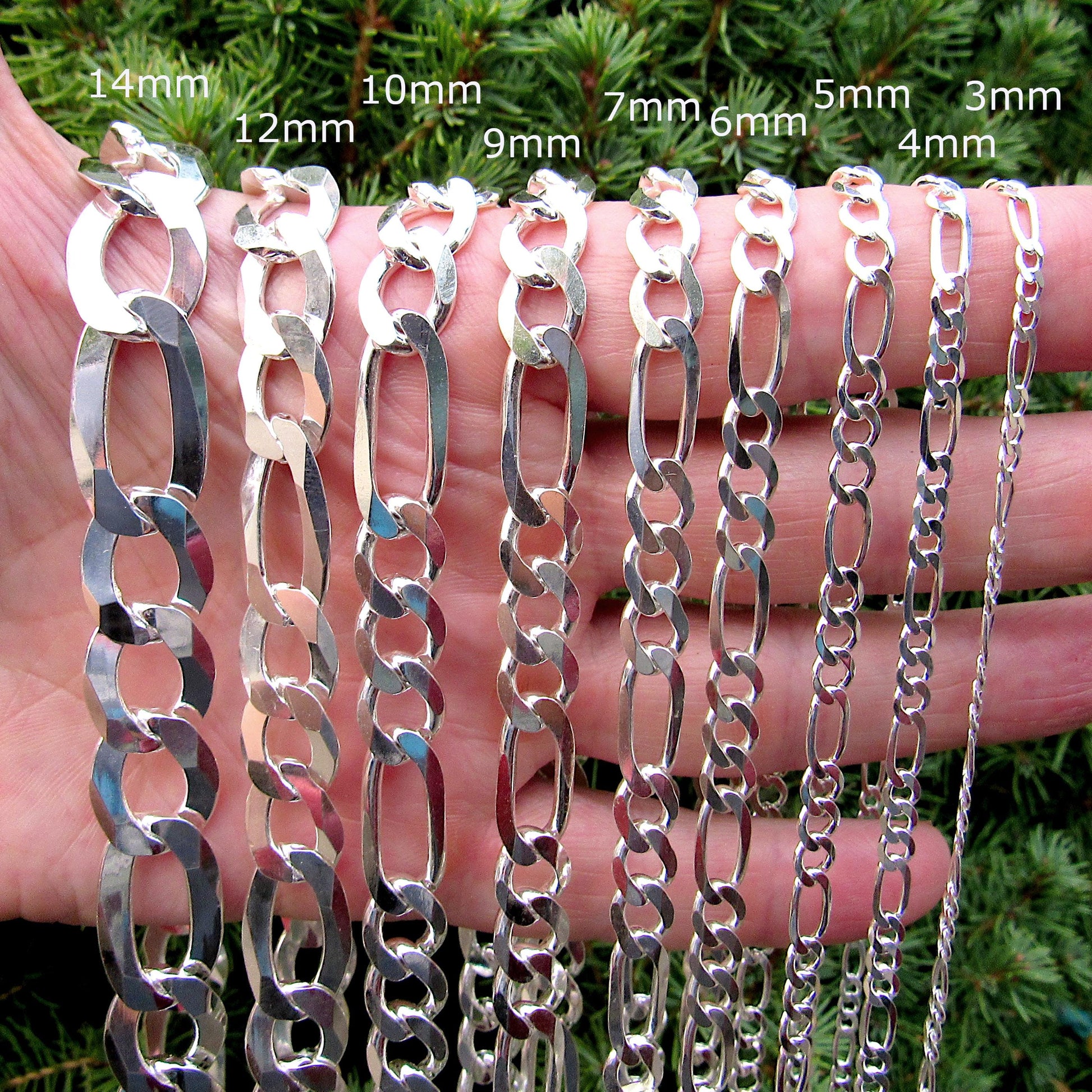Solid 925 Sterling Silver Figaro Chain Necklace or Bracelet, Italian Made Men’s Silver Jewelry, Heavy Chunky Link Urban Streetwear Style