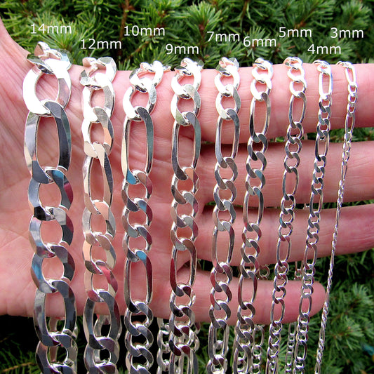 Solid 925 Sterling Silver Figaro Chain Necklace or Bracelet, Italian Made Men’s Silver Jewelry, Heavy Chunky Link Urban Streetwear Style