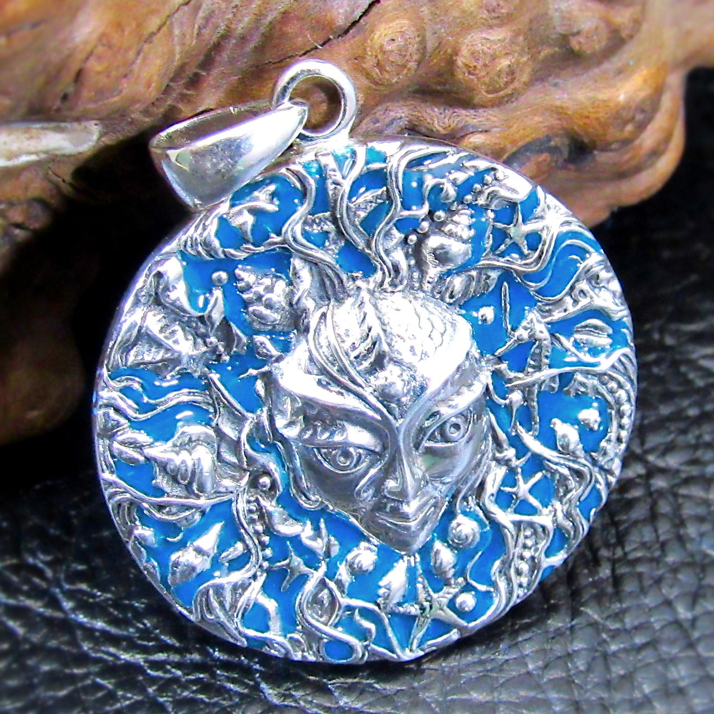 Solid 925 Sterling Silver Mari Sea Goddess Pendant by Oberon Zell – Ocean Mythology Jewelry with Optional Blue / Aqua Enamel, Nautical Gift