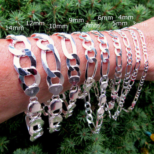 Figaro Link Bracelet Chain, Solid 925 Sterling Silver, Made in Italy, Unisex Italian Urban Jewelry, Chunky and Dainty Sizes for Men & Women