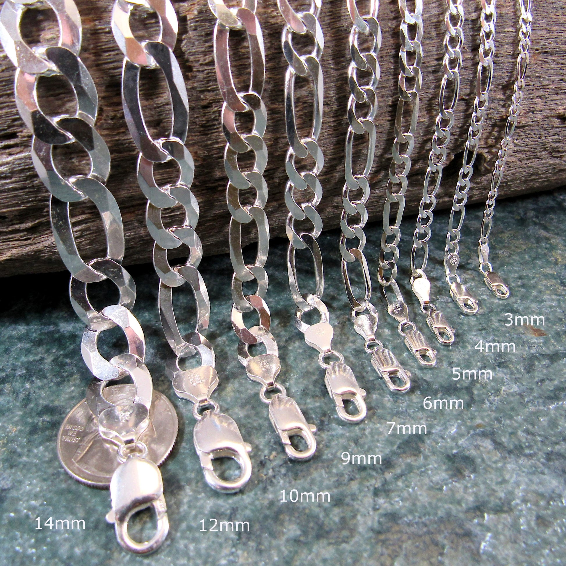 925 Figaro Link Bracelet Chain, Solid Sterling Silver, Made in Italy, Unisex Italian Urban Jewelry, Chunky and Dainty Sizes for Men & Women