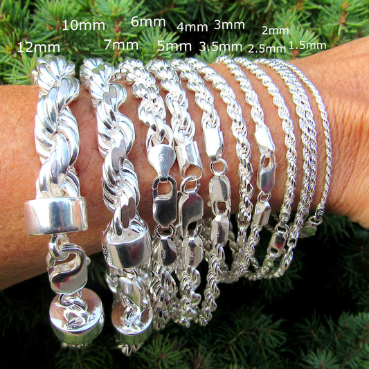 Solid 925 Sterling Silver Italian Rope Chain Bracelet, Diamond Cut Wristwear Jewelry, Chunky for Men / Dainty for Women, Made in Italy