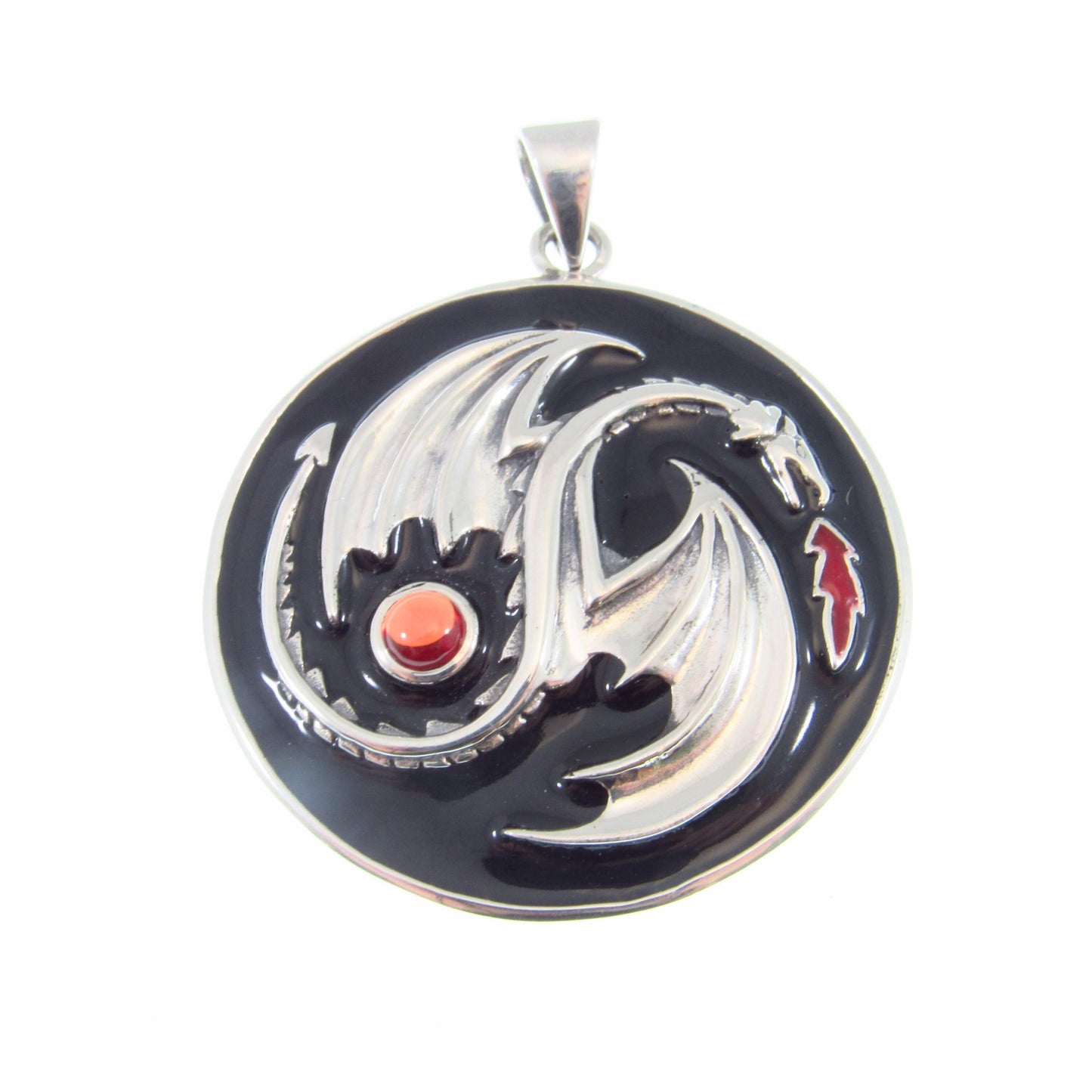 Solid 925 Sterling Silver Yin Yang Dragon Pendant with Red Garnet Gemstone, Gothic and Fantasy Jewelry, Dragoncore Medallion Gift for Him