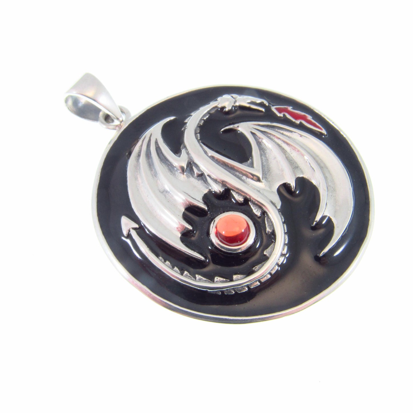 Solid 925 Sterling Silver Yin Yang Dragon Pendant with Red Garnet Gemstone, Gothic and Fantasy Jewelry, Dragoncore Medallion Gift for Him