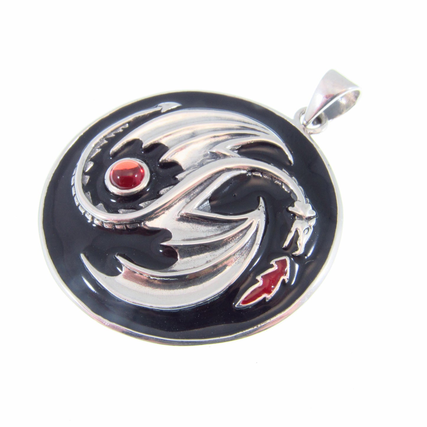 Solid 925 Sterling Silver Yin Yang Dragon Pendant with Red Garnet Gemstone, Gothic and Fantasy Jewelry, Dragoncore Medallion Gift for Him