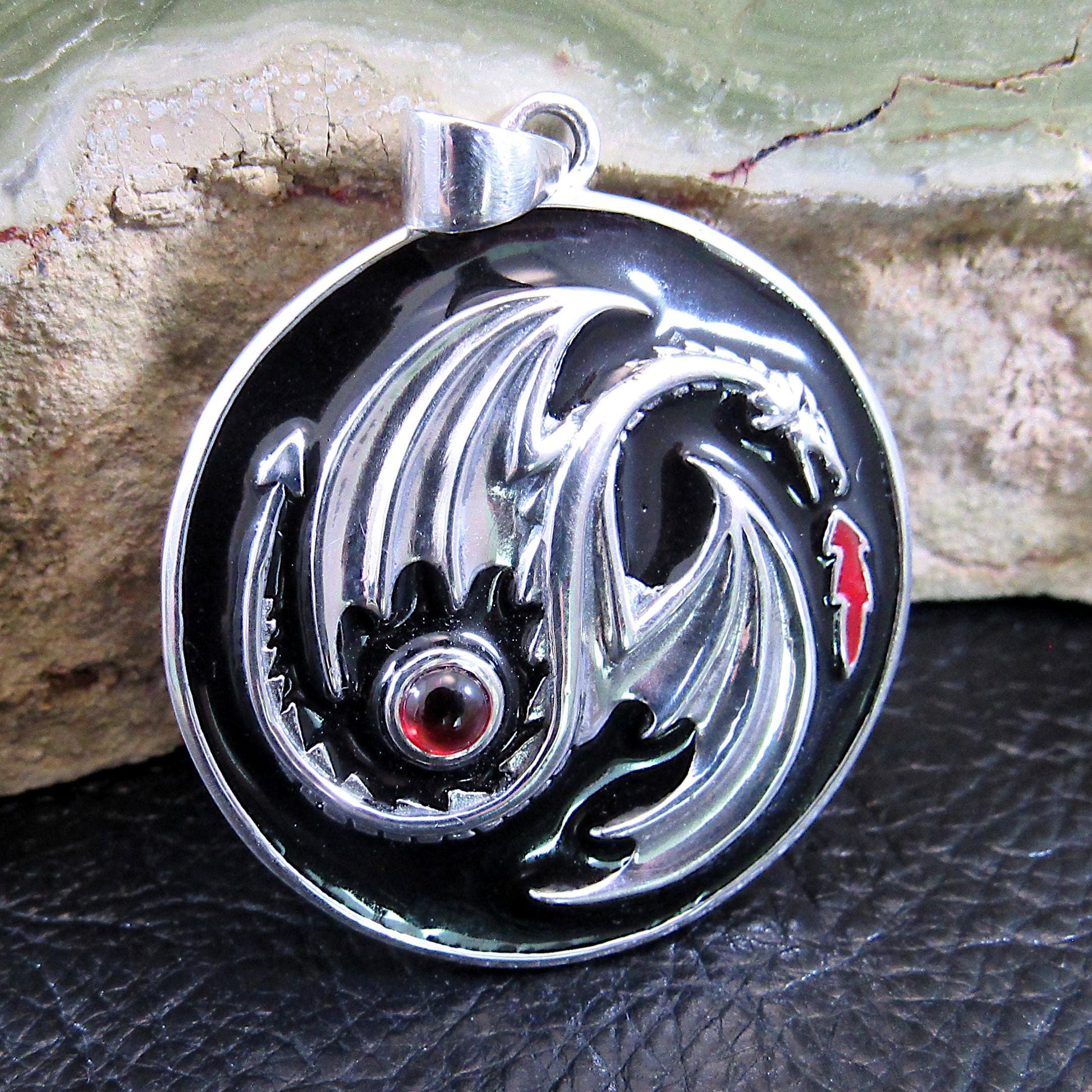 Solid 925 Sterling Silver Yin Yang Dragon Pendant with Red Garnet Gemstone, Gothic and Fantasy Jewelry, Dragoncore Medallion Gift for Him