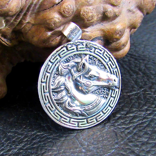 Solid 925 Sterling Silver Horse Medallion Pendant | Greek Key Puzzle, Equestrian “Coin” Necklace Amulet, Stallion Head Charm, Animal Jewelry