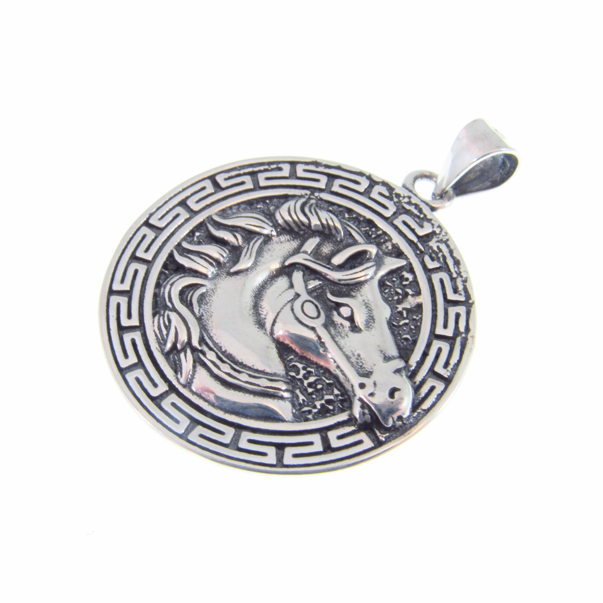 Solid 925 Sterling Silver Horse Medallion Pendant | Greek Key Puzzle, Equestrian “Coin” Necklace Amulet, Stallion Head Charm, Animal Jewelry