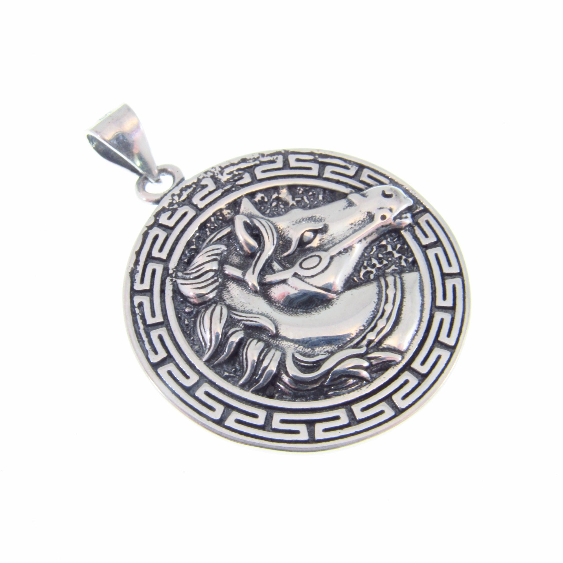 Solid 925 Sterling Silver Horse Medallion Pendant | Greek Key Puzzle, Equestrian “Coin” Necklace Amulet, Stallion Head Charm, Animal Jewelry