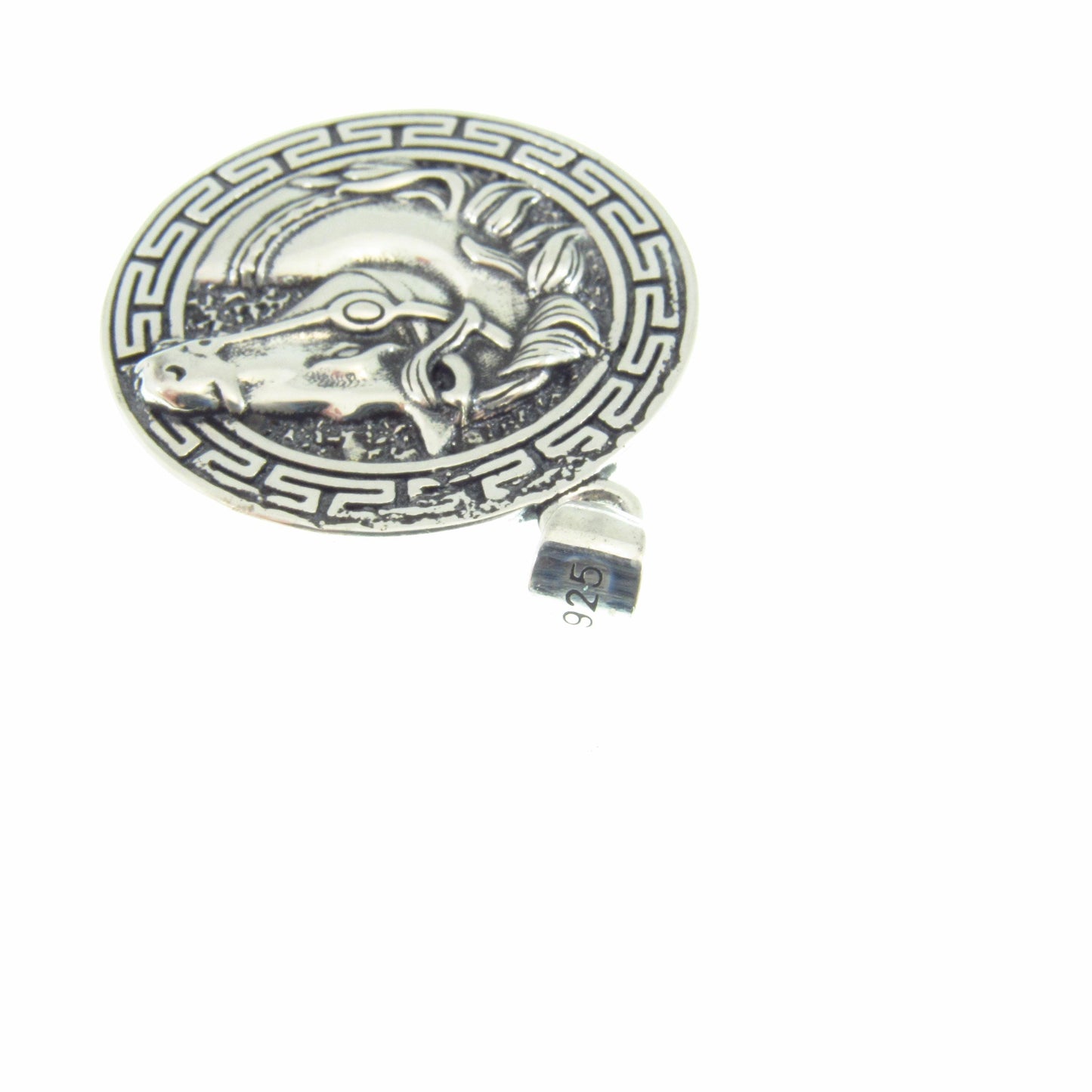 Solid 925 Sterling Silver Horse Medallion Pendant | Greek Key Puzzle, Equestrian “Coin” Necklace Amulet, Stallion Head Charm, Animal Jewelry