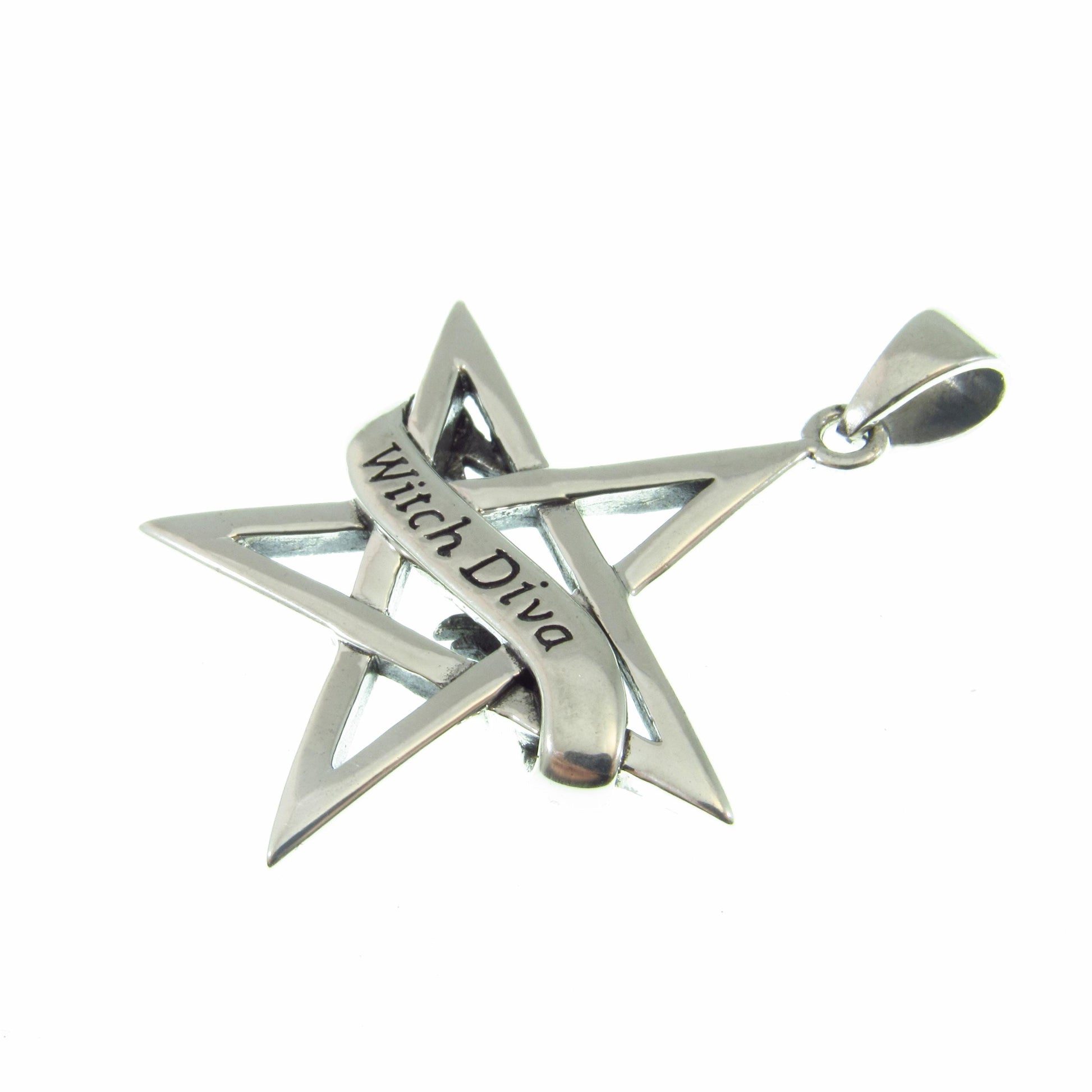 Witch Diva Pentagram Necklace Pendant, Solid 925 Sterling Silver Pagan / Wiccan Amulet, Gothic & Occult Jewelry Gift Idea