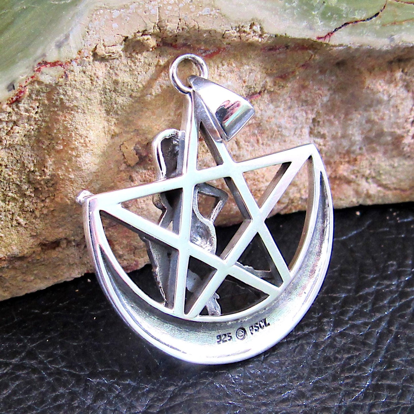 Salem Witch Crescent Moon Pentagram Necklace Pendant, Solid 925 Sterling Silver Pagan / Wiccan Amulet, Gothic & Witchy Jewelry Gift Idea