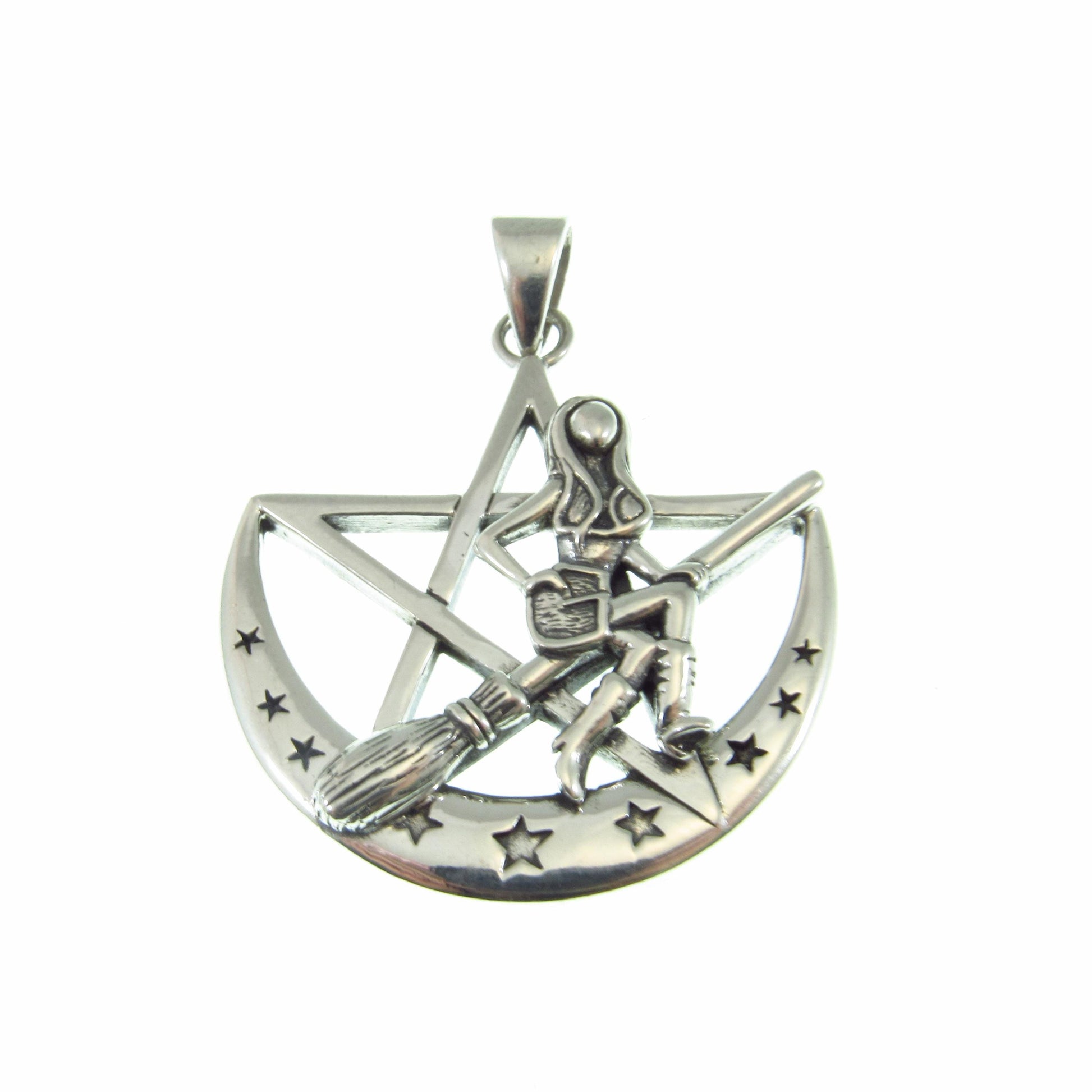 Salem Witch Crescent Moon Pentagram Necklace Pendant, Solid 925 Sterling Silver Pagan / Wiccan Amulet, Gothic & Witchy Jewelry Gift Idea