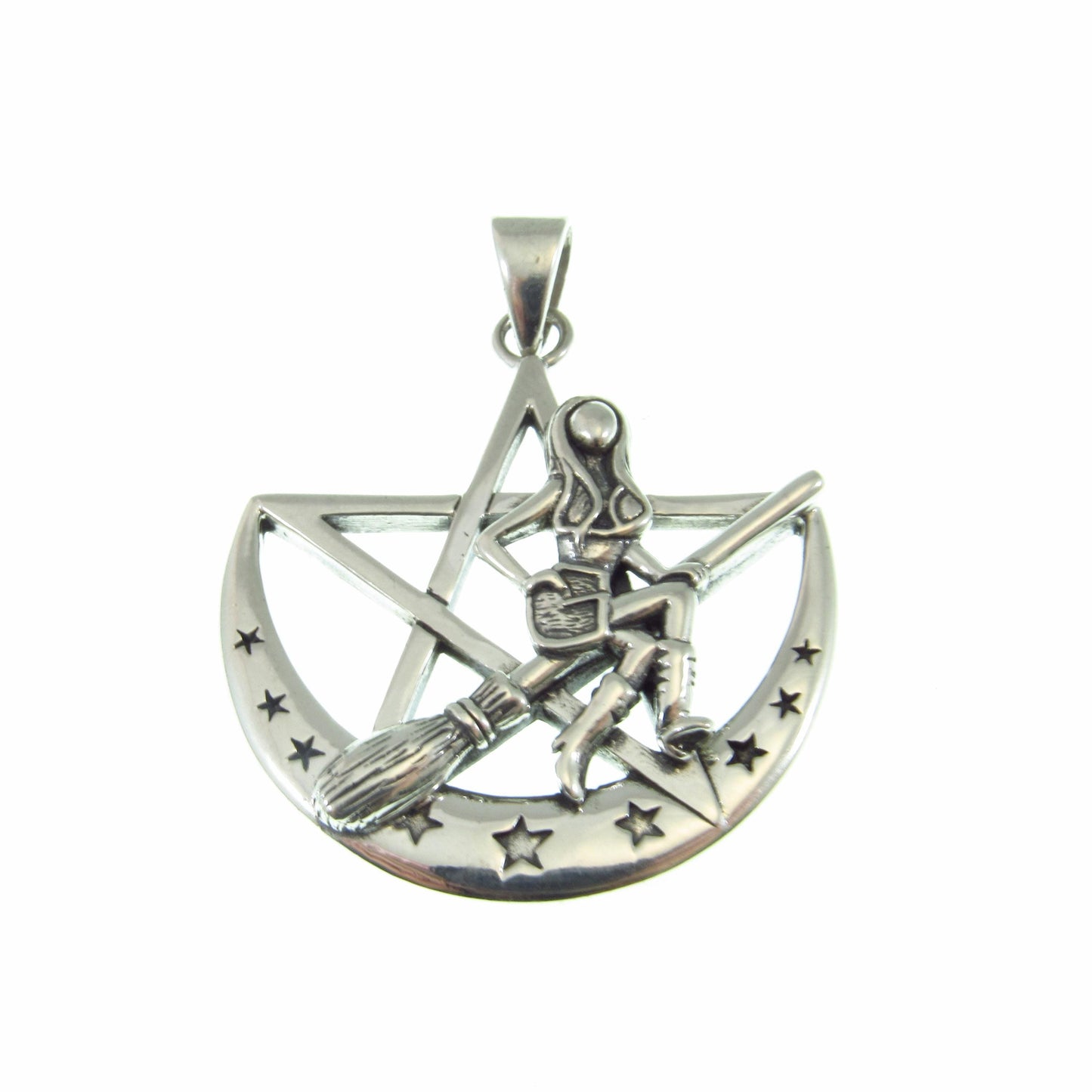 Solid 925 Sterling Silver Salem Witch on Crescent Moon Pentagram Pendant, Pagan Amulet