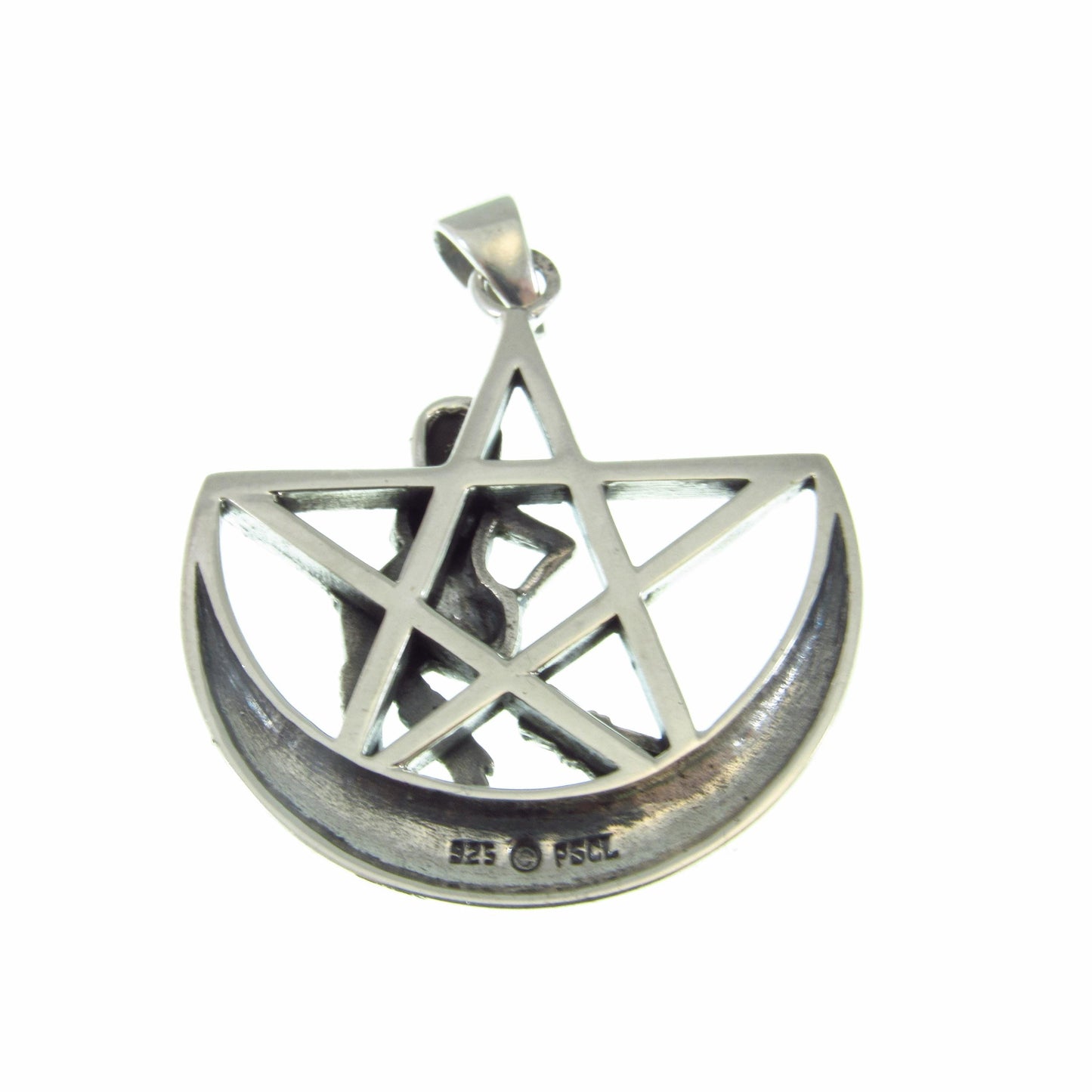 Salem Witch Crescent Moon Pentagram Necklace Pendant, Solid 925 Sterling Silver Pagan / Wiccan Amulet, Gothic & Witchy Jewelry Gift Idea
