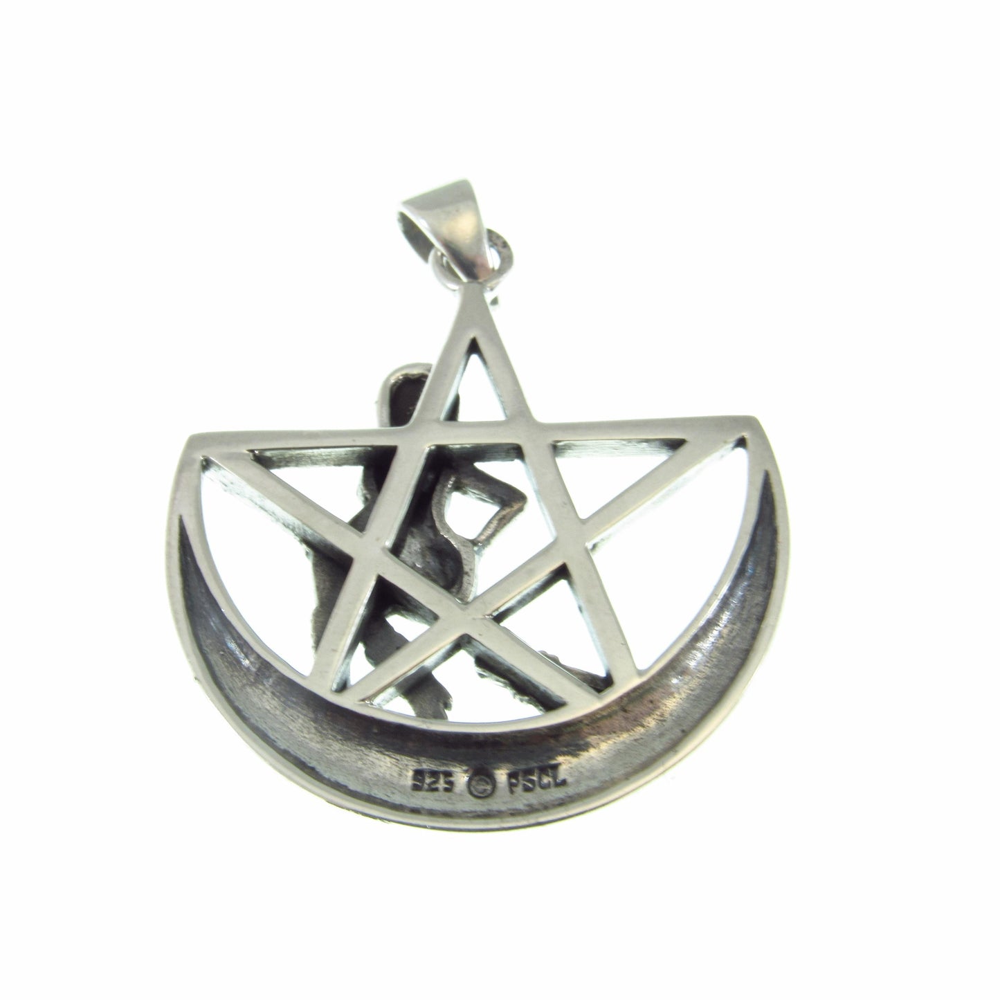 Solid 925 Sterling Silver Salem Witch on Crescent Moon Pentagram Pendant, Pagan Amulet