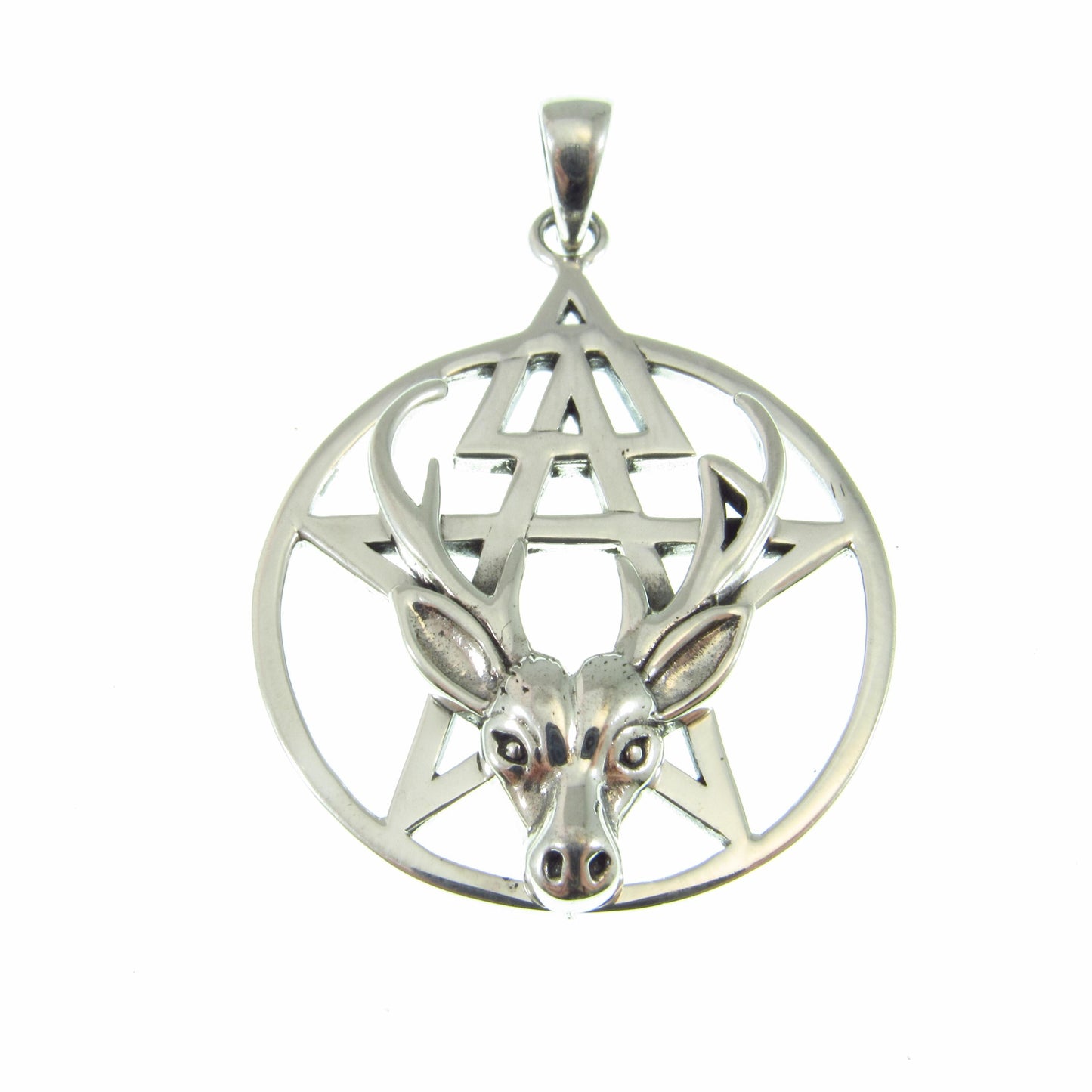 Third Degree Deer Head Pentacle Pendant / Solid 925 Sterling Silver, Stag Antler Pagan Necklace Amulet, Wiccan Baphomet Horned God Talisman