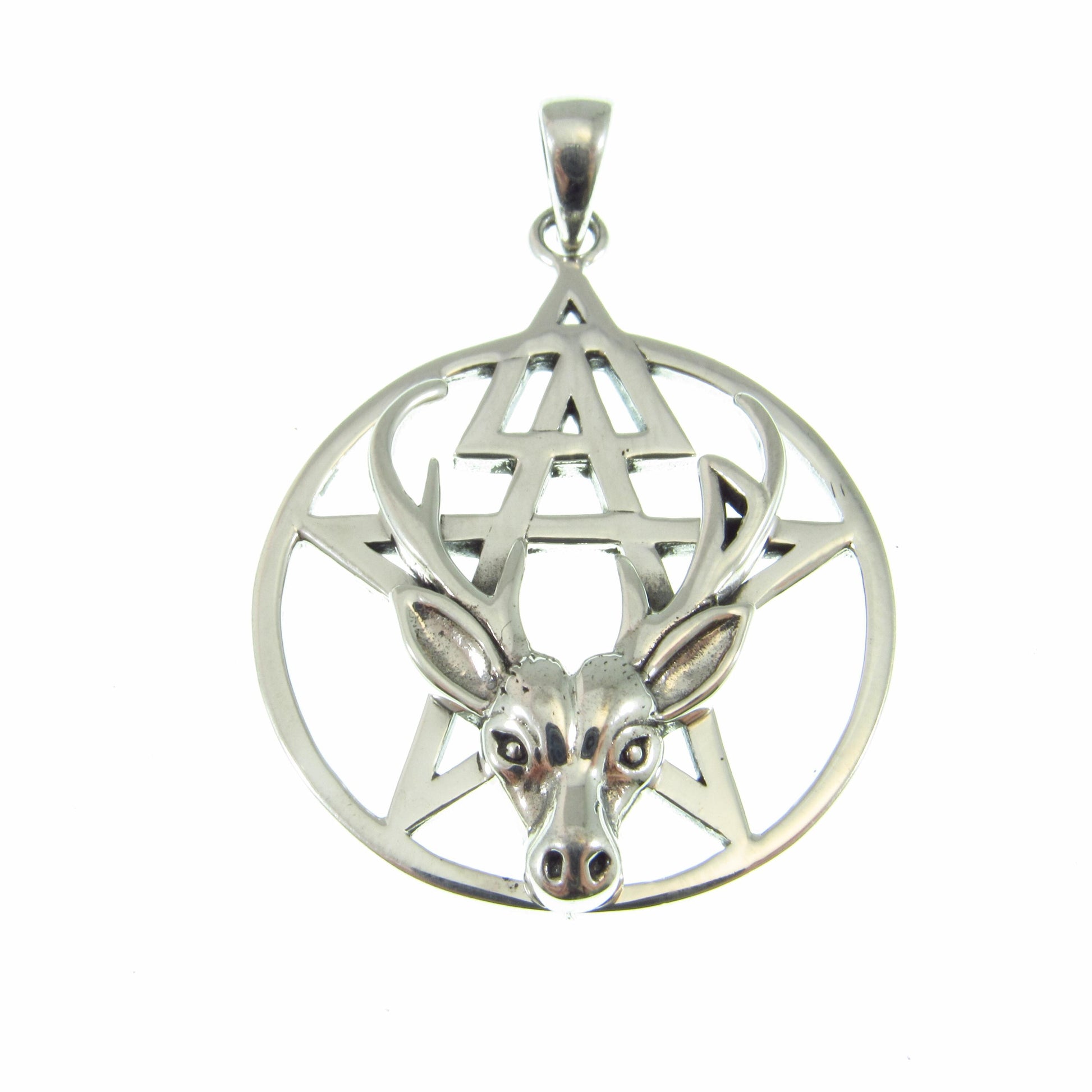 Third Degree Deer Head Pentacle Pendant / Solid 925 Sterling Silver, Stag Antler Pagan Necklace Amulet, Wiccan Baphomet Horned God Talisman