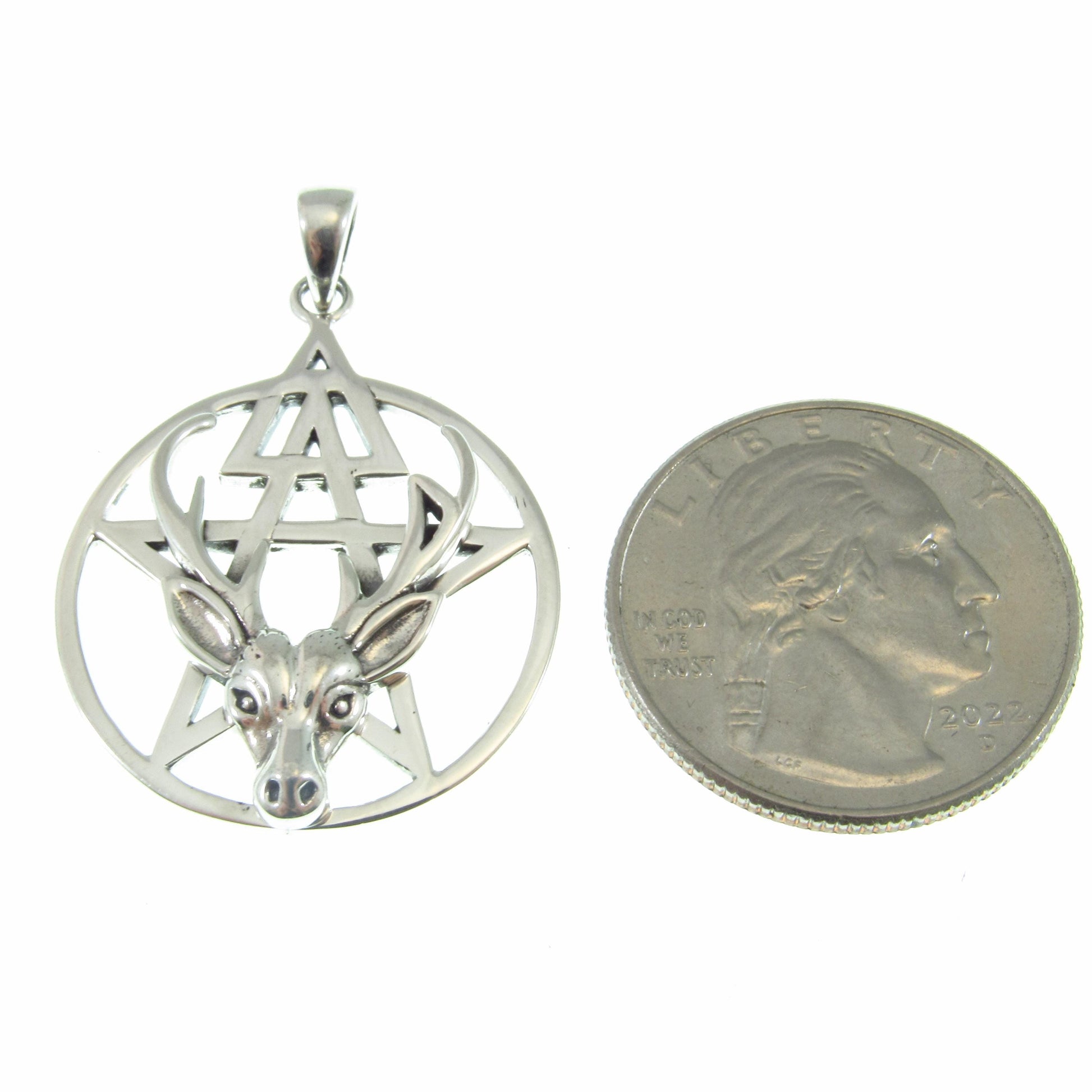 Third Degree Deer Head Pentacle Pendant / Solid 925 Sterling Silver, Stag Antler Pagan Necklace Amulet, Wiccan Baphomet Horned God Talisman