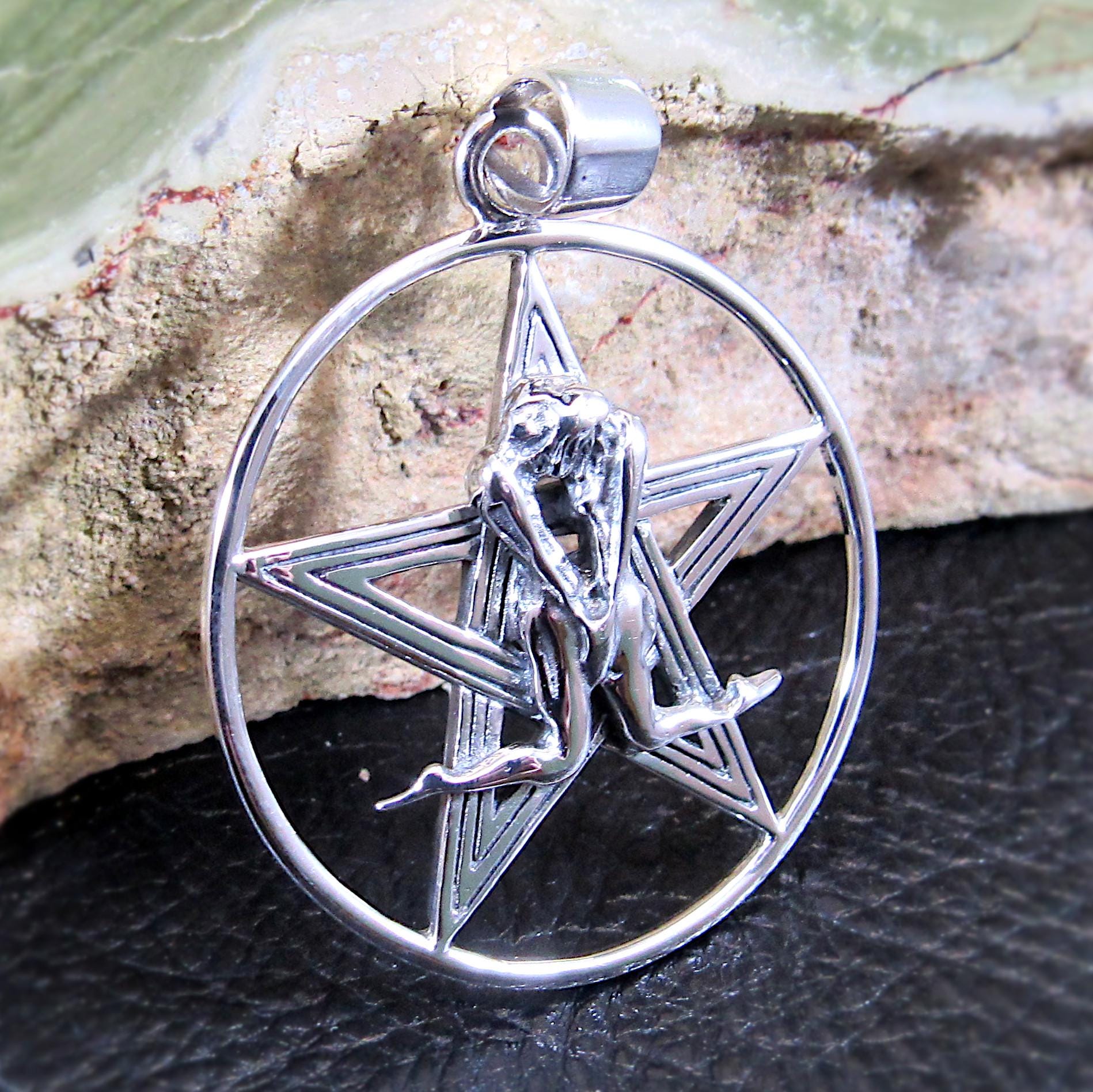 Lovers Pentacle Pendant, Solid 925 Sterling Silver Erotic Pagan Necklace Amulet, Sacred Union Wiccan Jewelry, Tantric Couple Occult Talisman