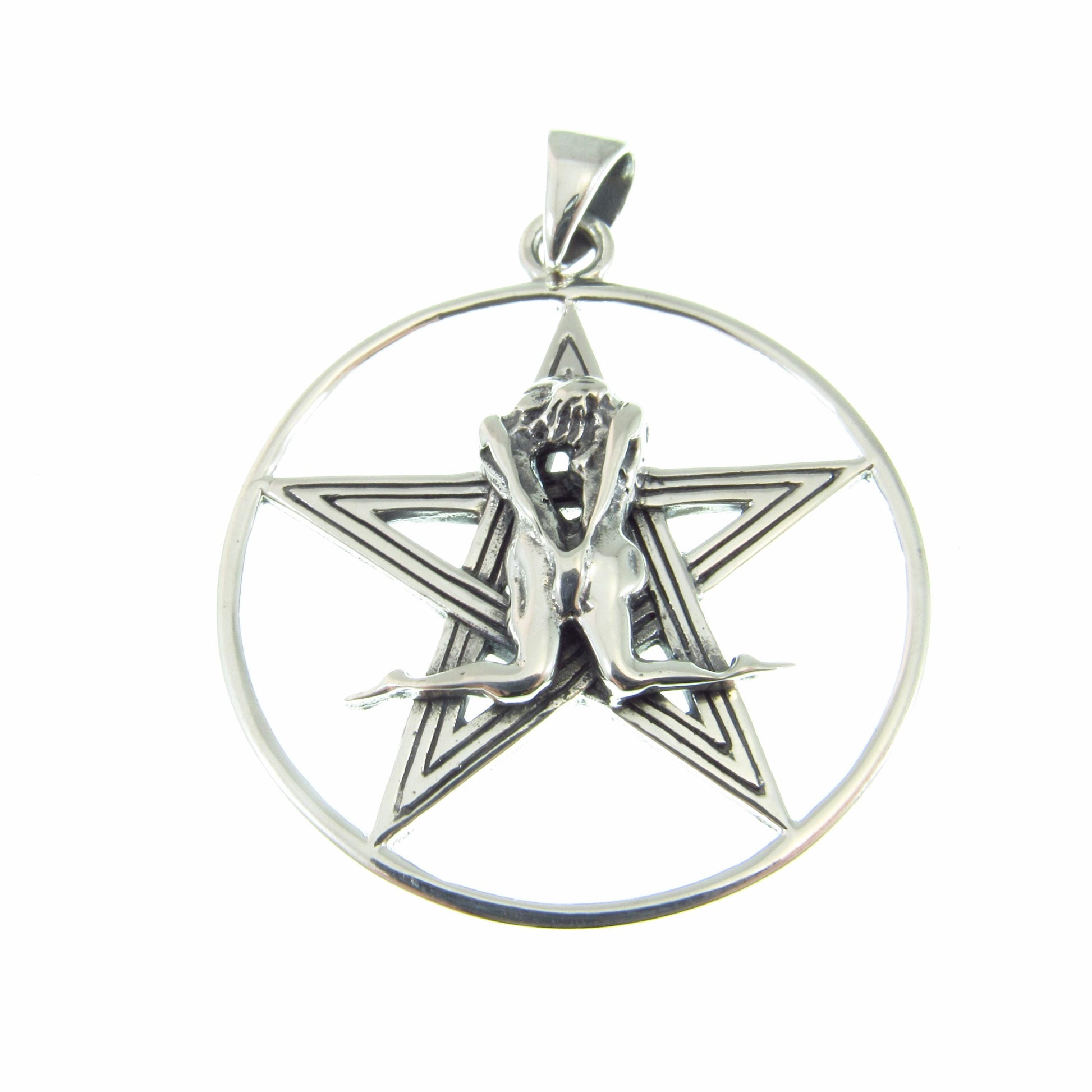 Solid 925 Sterling Silver, Tantric Couple Pentagram Pendant, Sacred Union Pagan Witch Jewelry