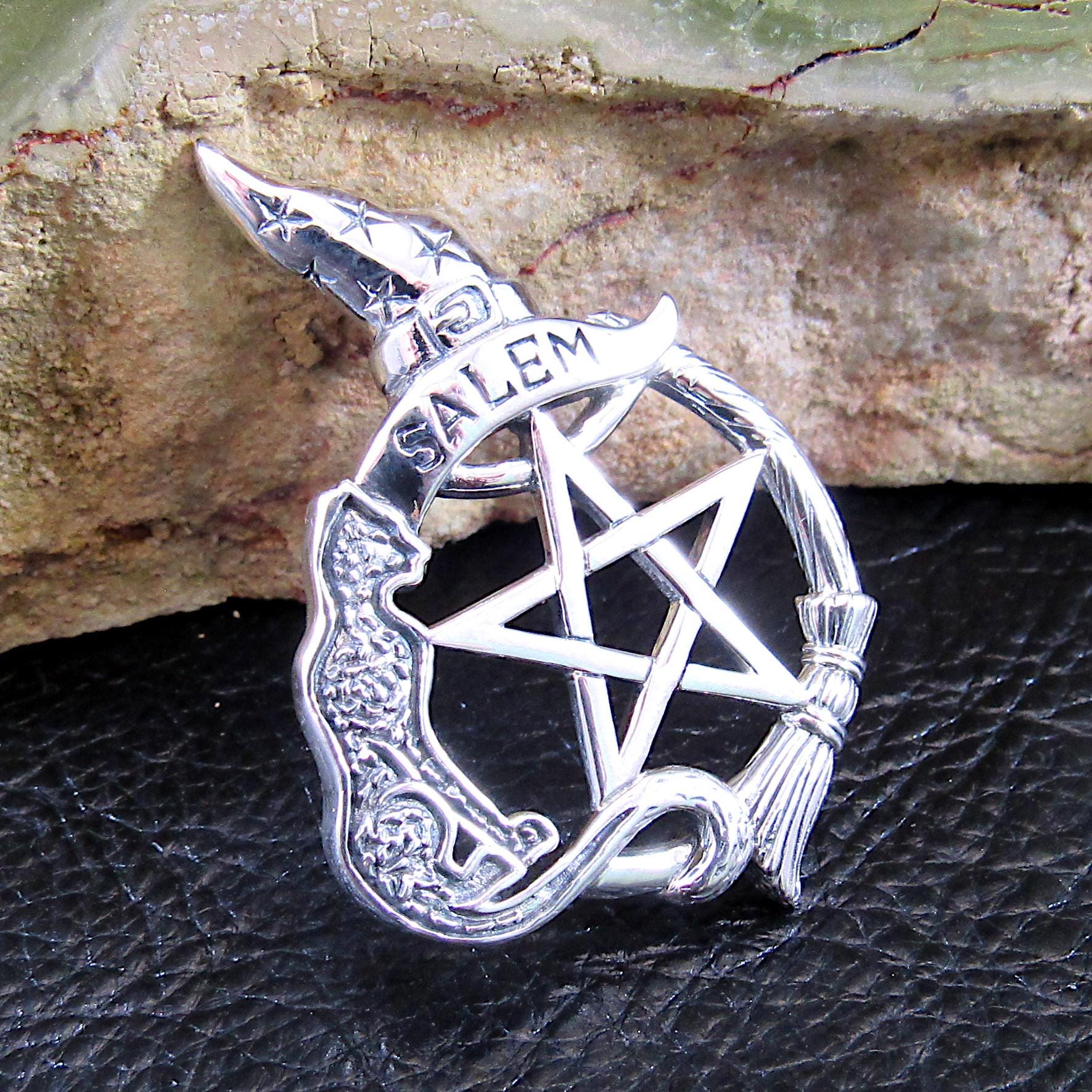Salem Witch Pentacle Pendant / Solid 925 Sterling Silver / Witch Hat, Cat Familiar & Broom, Wiccan Pentagram Necklace Amulet, Witchcore Gift