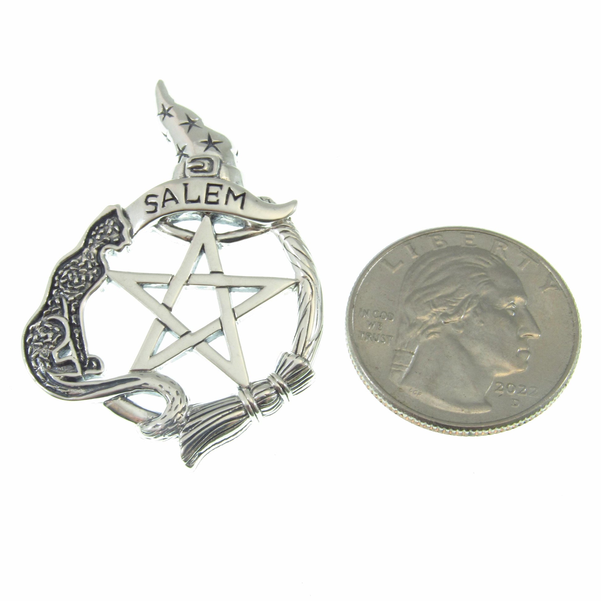 Salem Witch Pentacle Pendant / Solid 925 Sterling Silver / Witch Hat, Cat Familiar & Broom, Wiccan Pentagram Necklace Amulet, Witchcore Gift