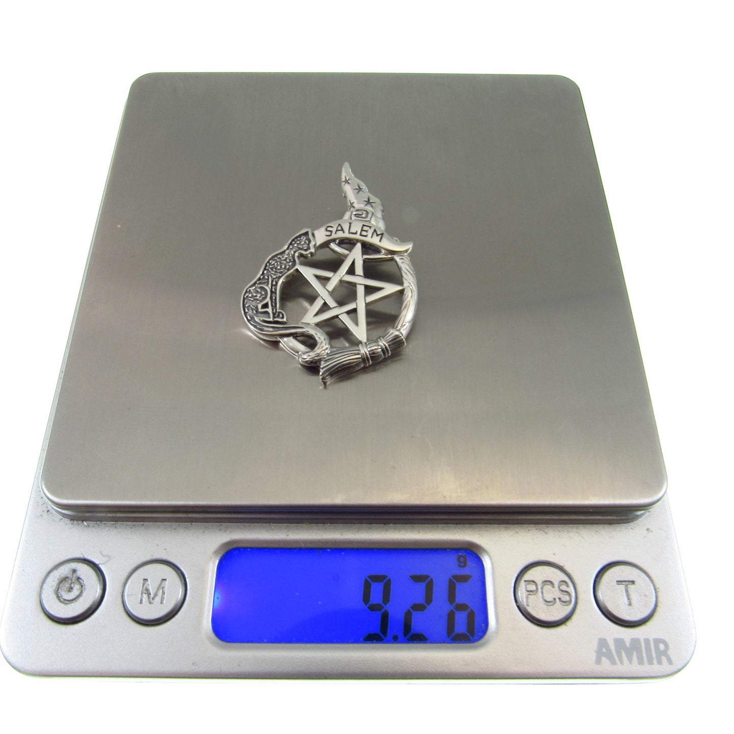 Salem Witch Pentacle Pendant / Solid 925 Sterling Silver / Witch Hat, Cat Familiar & Broom, Wiccan Pentagram Necklace Amulet, Witchcore Gift