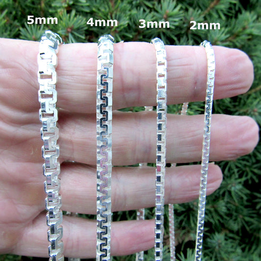 Solid 925 Sterling Silver Italian Box Chain, Diamond Cut Greek Key / Meander Necklace - Chunky Urban Jewelry for Men & Women, Made in Italy
