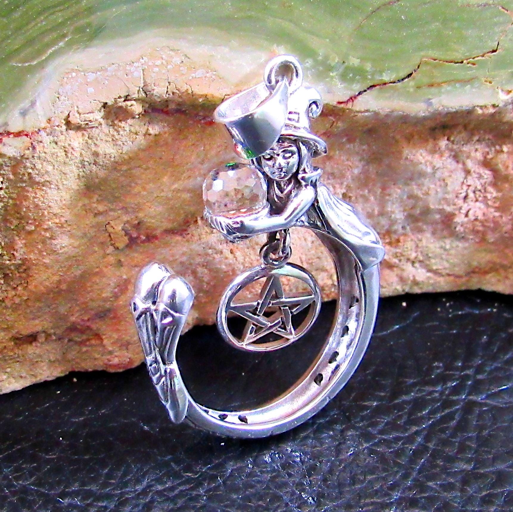 Crystal Ball Witch Pendant / Solid 925 Sterling Silver / Pentacle Pendant, Gothic Wiccan Pagan Jewelry, Occult Symbolism Witchcraft Talisman