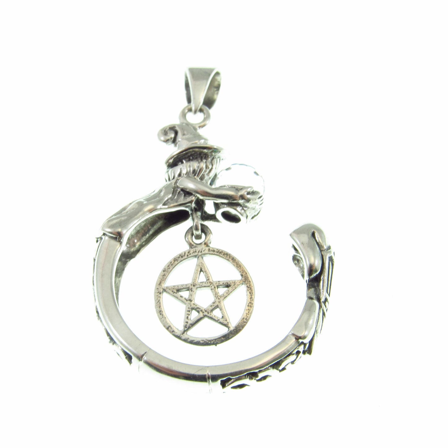 Solid 925 Sterling Silver Crystal Ball Witch Pendant, Pentacle Gothic Wiccan Pagan Occult Talisman