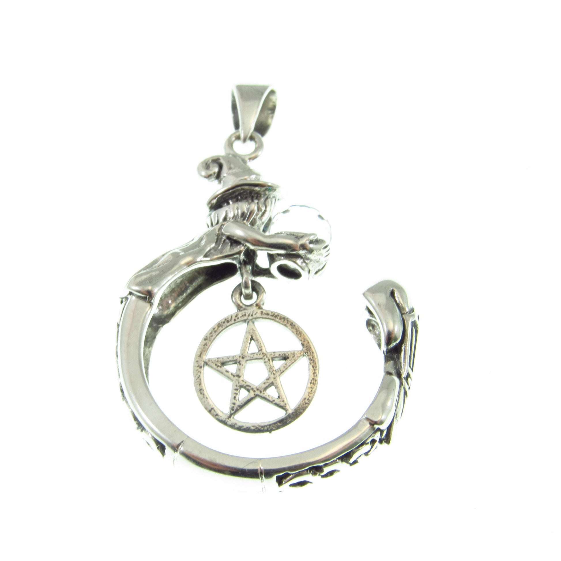 Solid 925 Sterling Silver Crystal Ball Witch Pendant, Pentacle Gothic Wiccan Pagan Occult Talisman