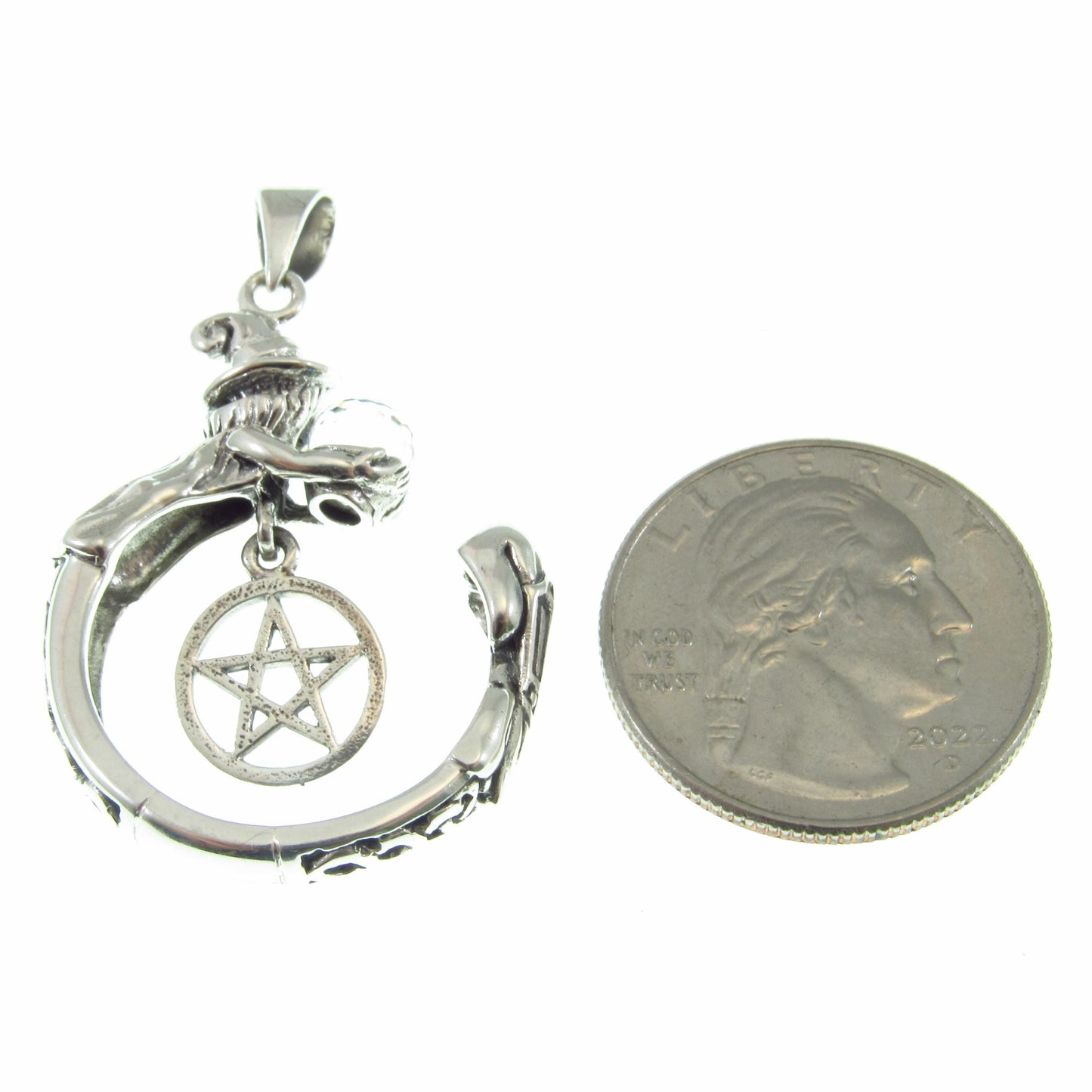 Crystal Ball Witch Pendant / Solid 925 Sterling Silver / Pentacle Pendant, Gothic Wiccan Pagan Jewelry, Occult Symbolism Witchcraft Talisman