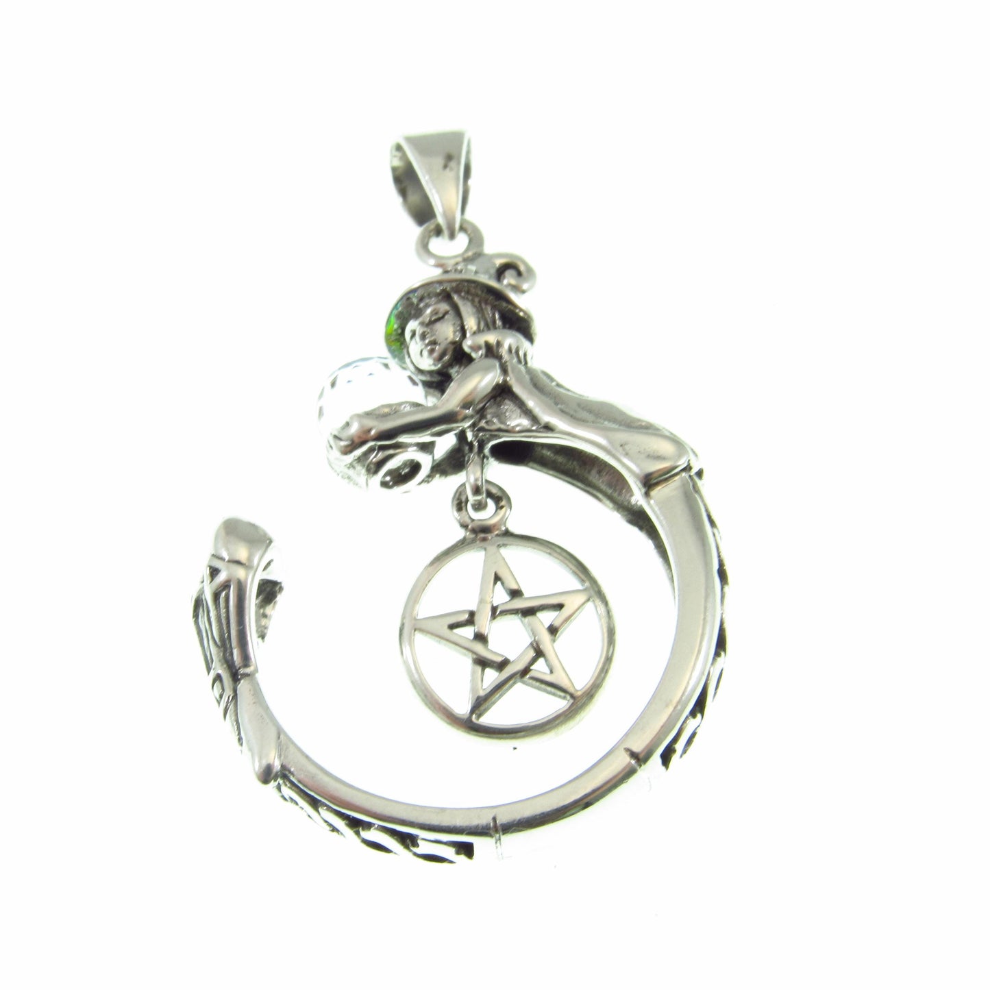 Solid 925 Sterling Silver Crystal Ball Witch Pendant, Pentacle Gothic Wiccan Pagan Occult Talisman