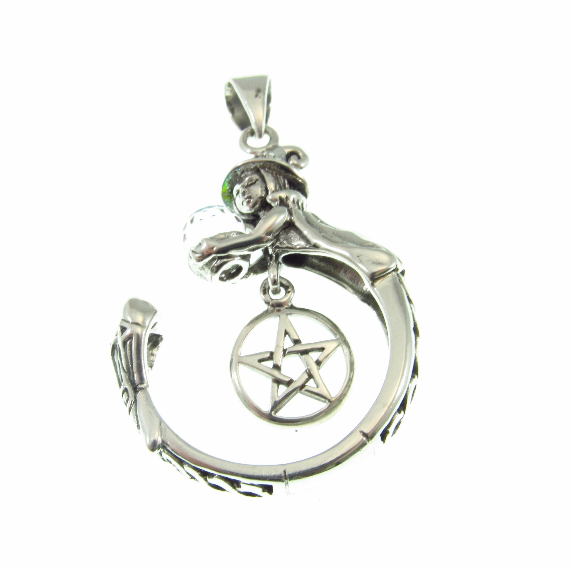 Solid 925 Sterling Silver Crystal Ball Witch Pendant, Pentacle Gothic Wiccan Pagan Occult Talisman
