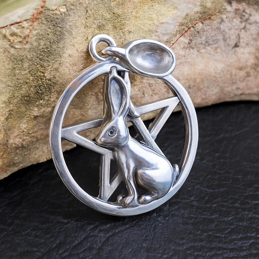 Solid 925 Sterling Silver Hare Pentacle Pendant, Pagan Wiccan Ostara Jewelry, Spring Equinox Rabbit Charm, Witchcraft Nature Amulet