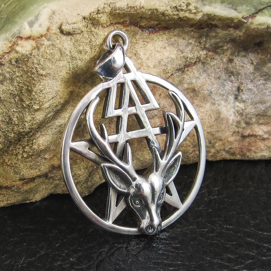 Third Degree Deer Head Pentacle Pendant / Solid 925 Sterling Silver, Stag Antler Pagan Necklace Amulet, Wiccan Baphomet Horned God Talisman